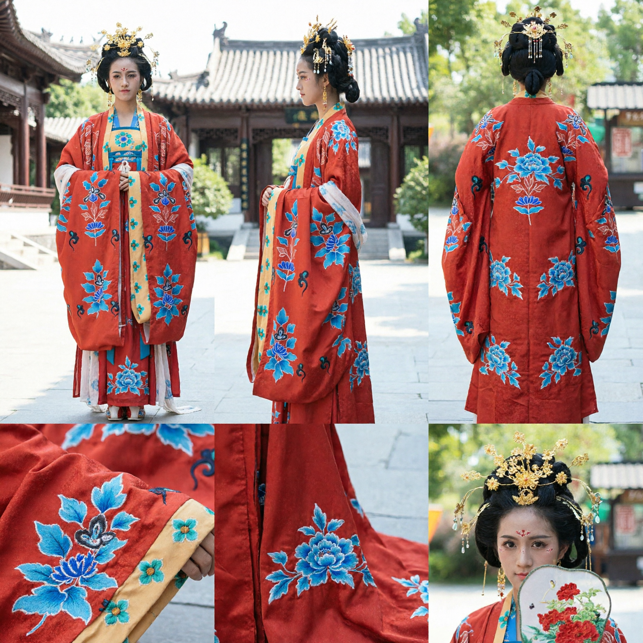 Traditional Chinese Tang Dynasty Hanfu Red Floral Embroidered Palace Costume Set for Women