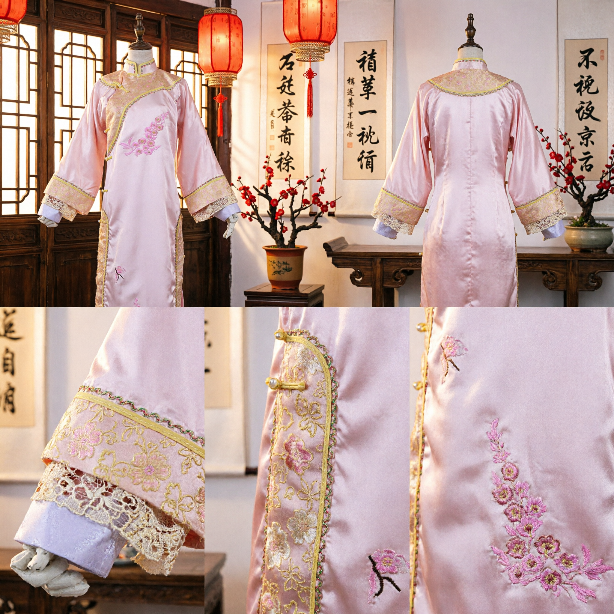 Women's Pink Ancient Chinese Costume Embroidered Cheongsam Dress for Traditional Weddings and Stage Performance