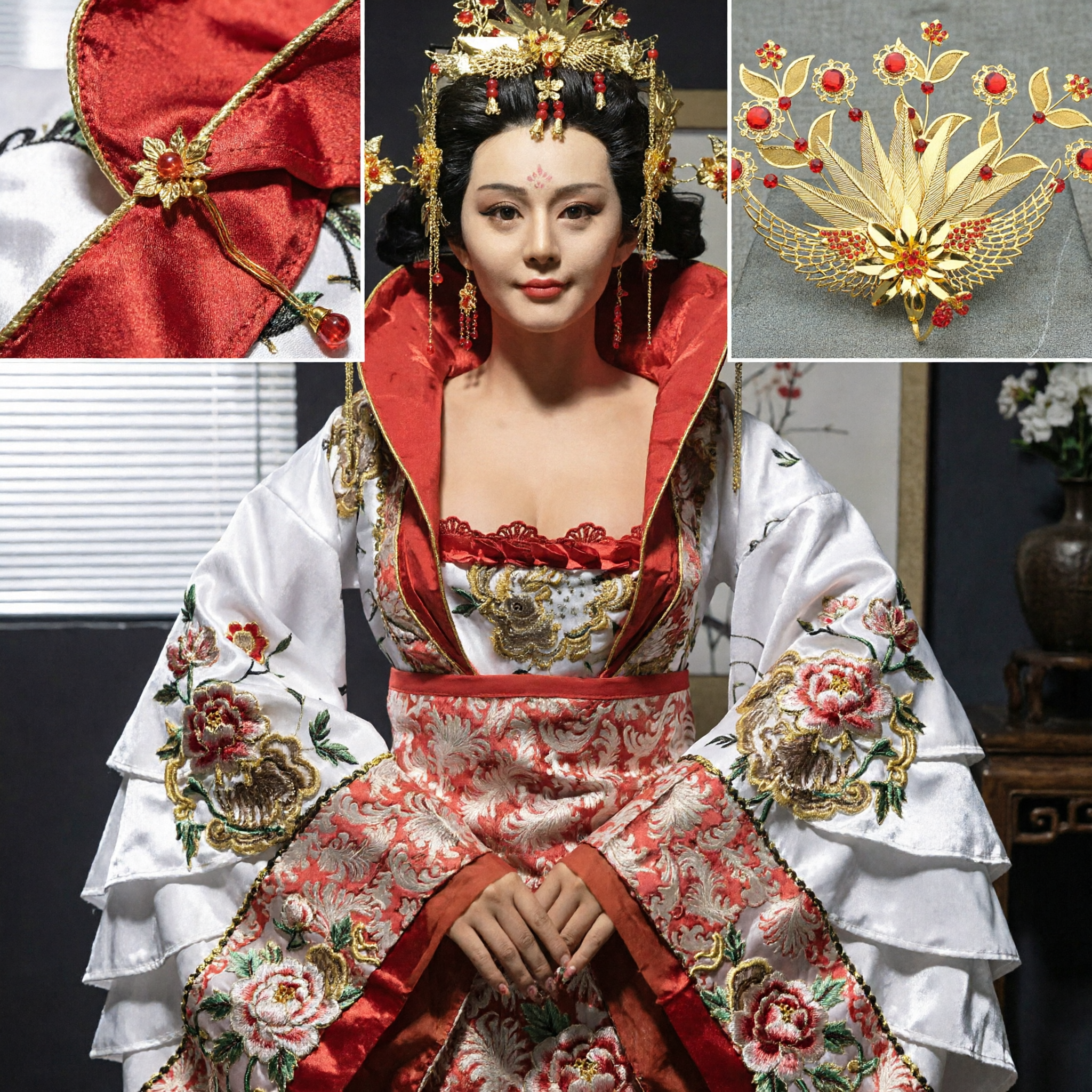 Traditional Chinese Golden Phoenix Crown Hair Accessory with Red Gems for Hanfu Bridal Wedding Costume