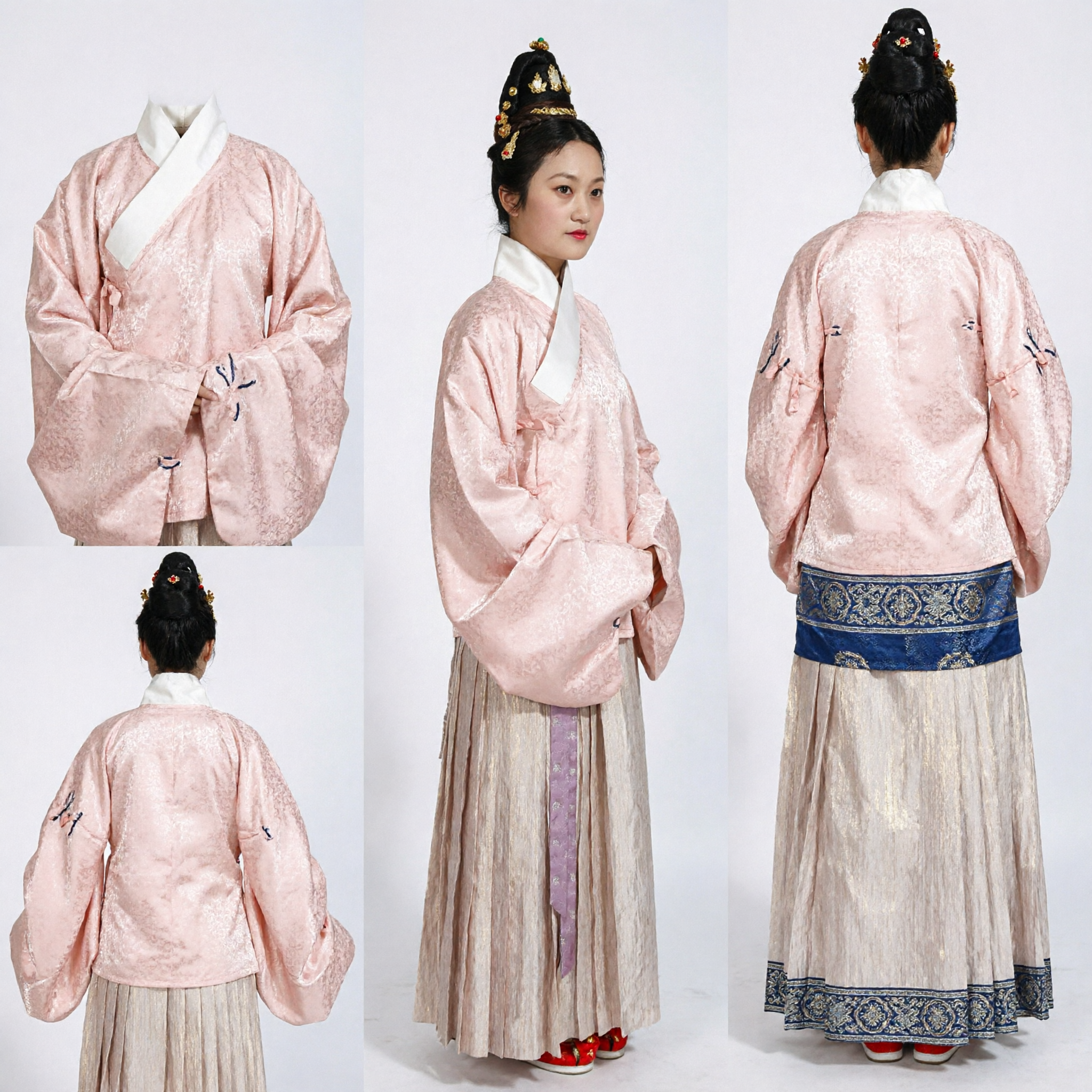 Women's Traditional Chinese Hanfu Ming Dynasty Pink Silk Top and Gold Pleated Skirt Complete Costume Set