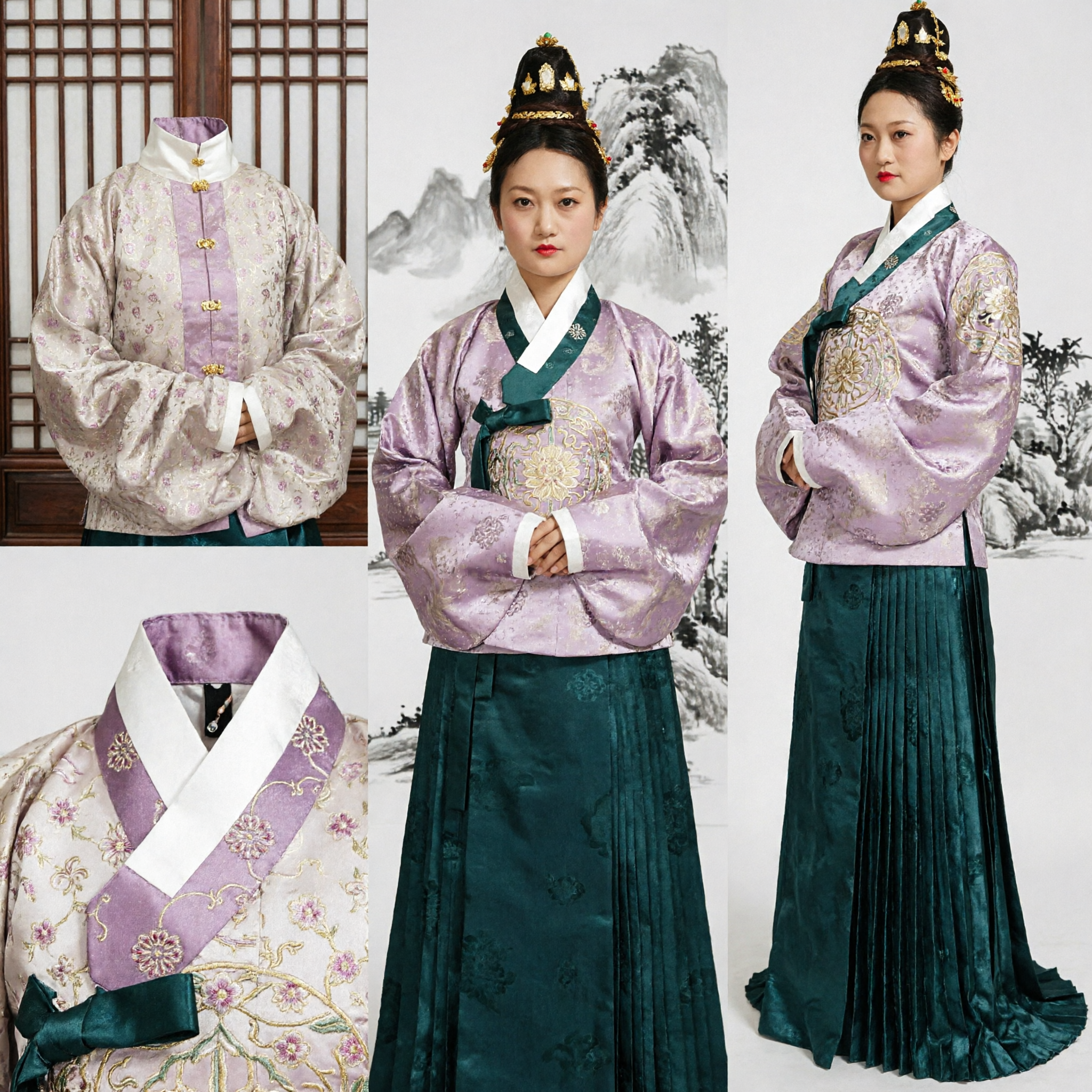 Women's Ming Dynasty Hanfu Traditional Chinese Clothing Pink Brocade Top and Emerald Green Skirt Formal Costume