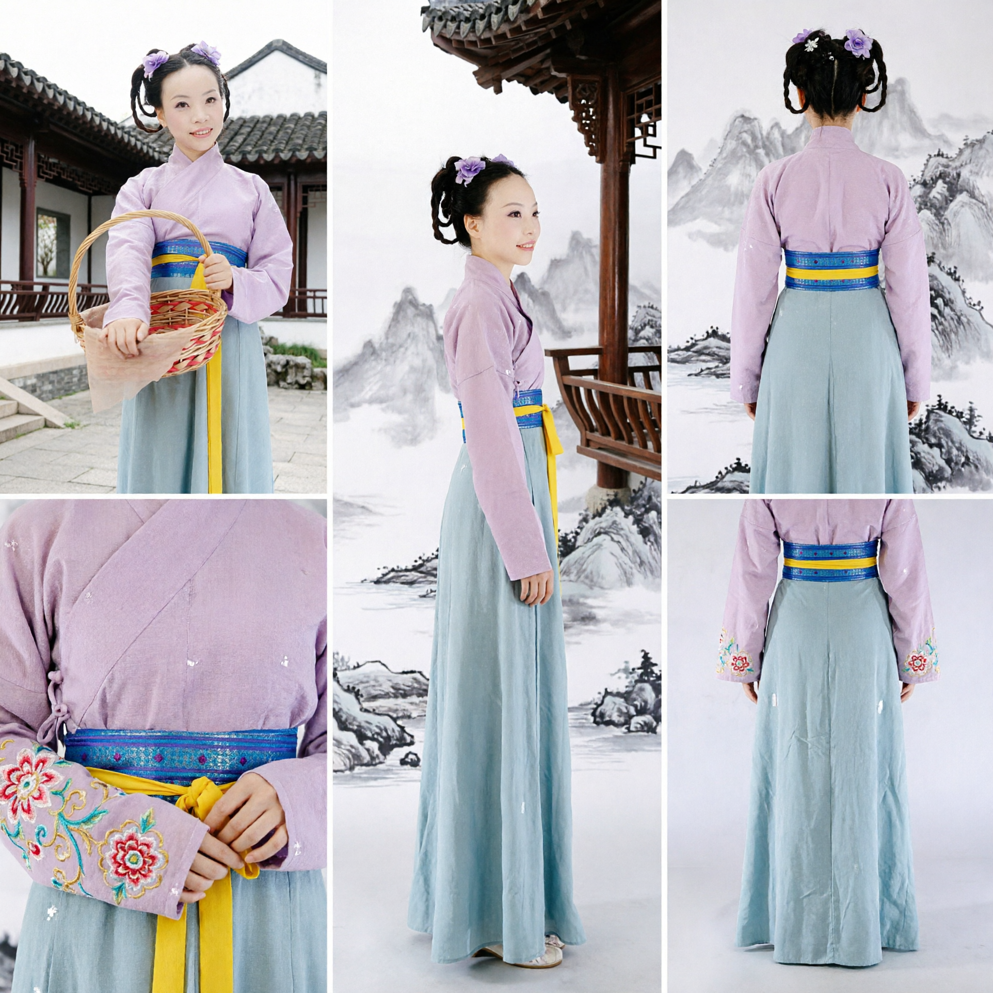 Traditional Chinese Hanfu Costume Ancient Purple Top and Blue Skirt Set for Women Stage Performance and Cosplay
