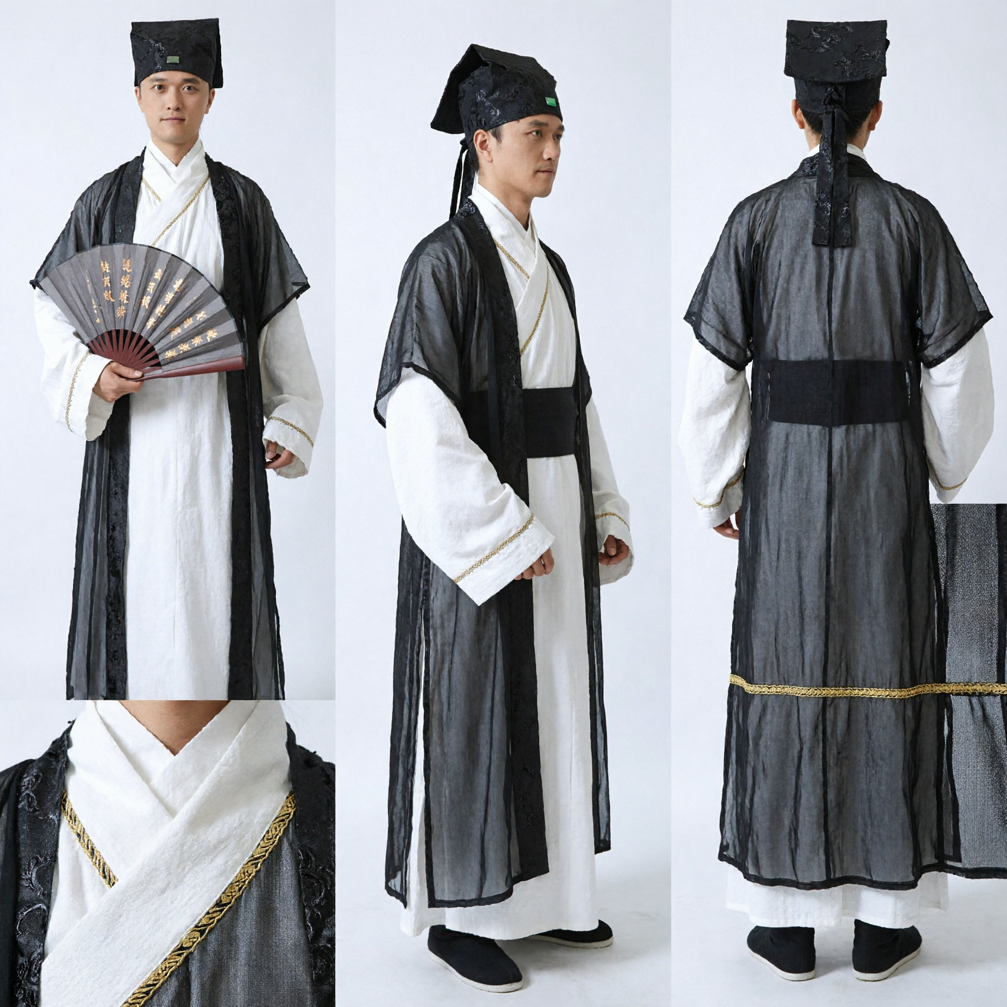 Traditional Chinese Ancient Scholar Hanfu Costume Men's Black Robe Cosplay Outfit with Calligraphy Fan