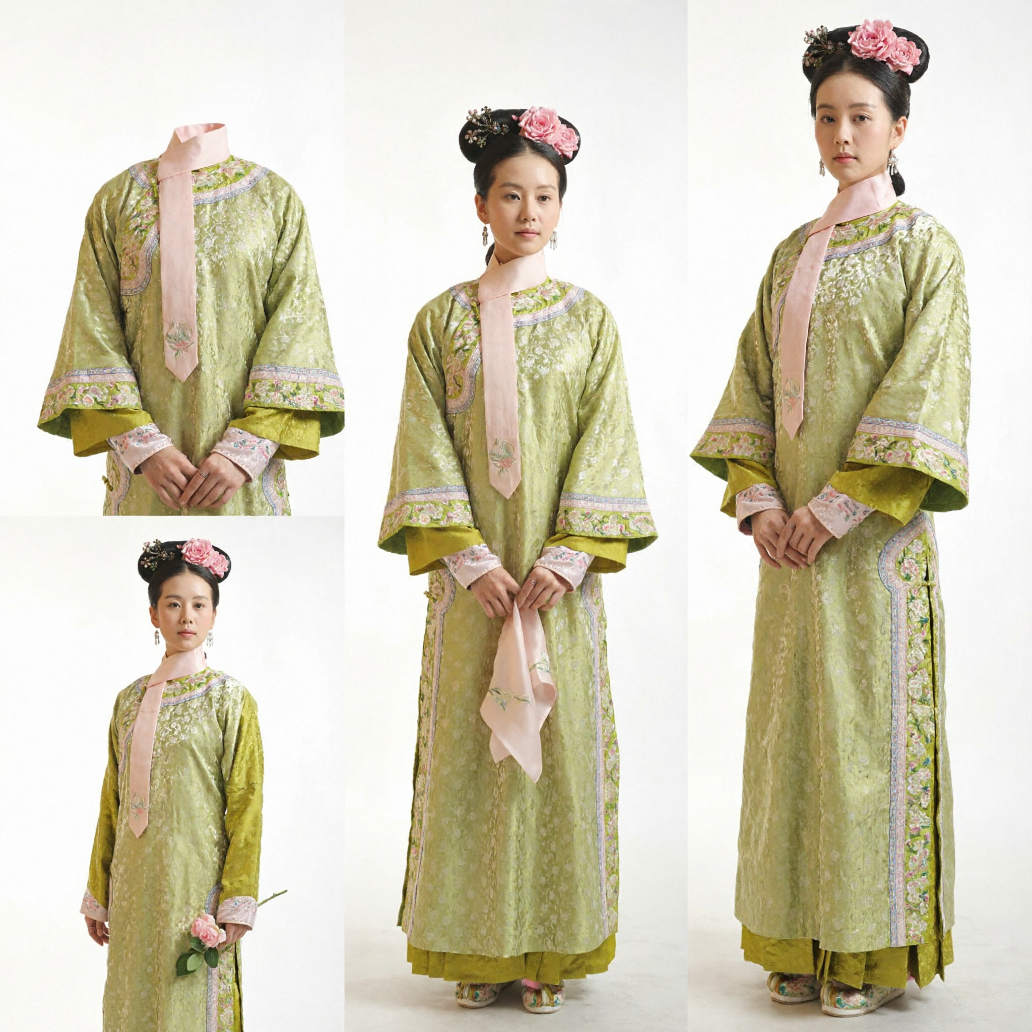 Traditional Chinese Qing Dynasty Costume Light Green Embroidered Robe Ancient Manchu Lady Dress for Women