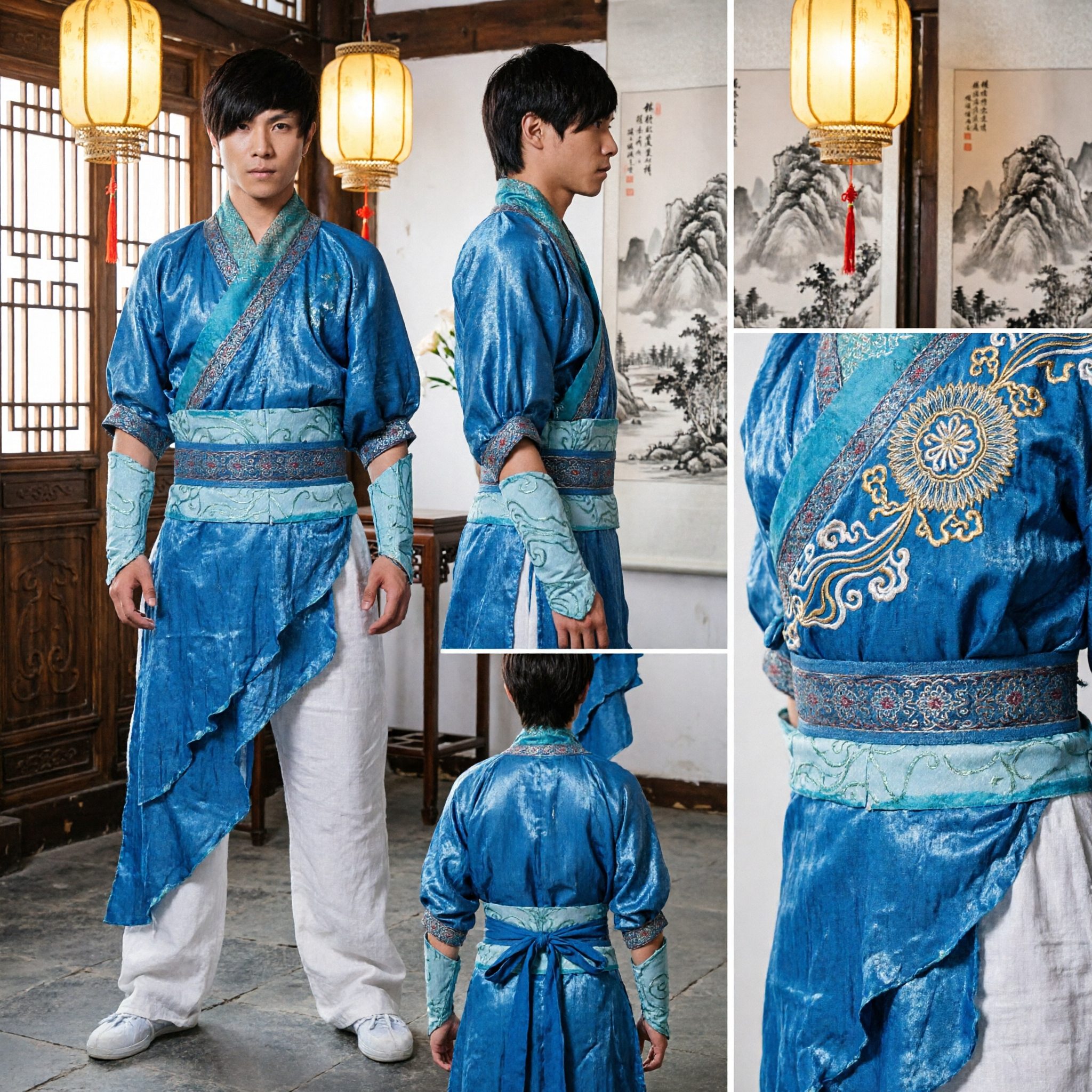 Men's Blue Traditional Chinese Kung Fu Wushu Costume Ancient Warrior Outfit for Stage Performance