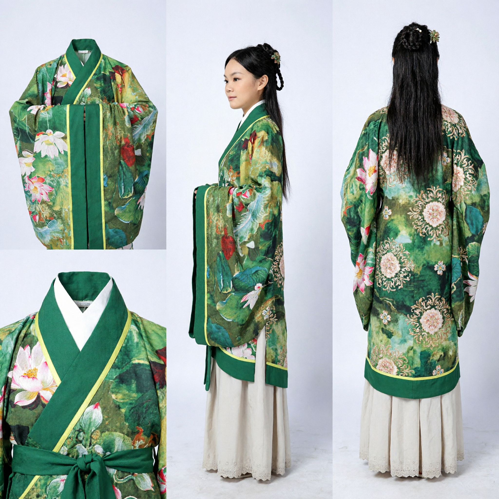 Traditional Chinese Hanfu for Women Green Lotus Print Ming Dynasty Ancient Costume Clothing Dress