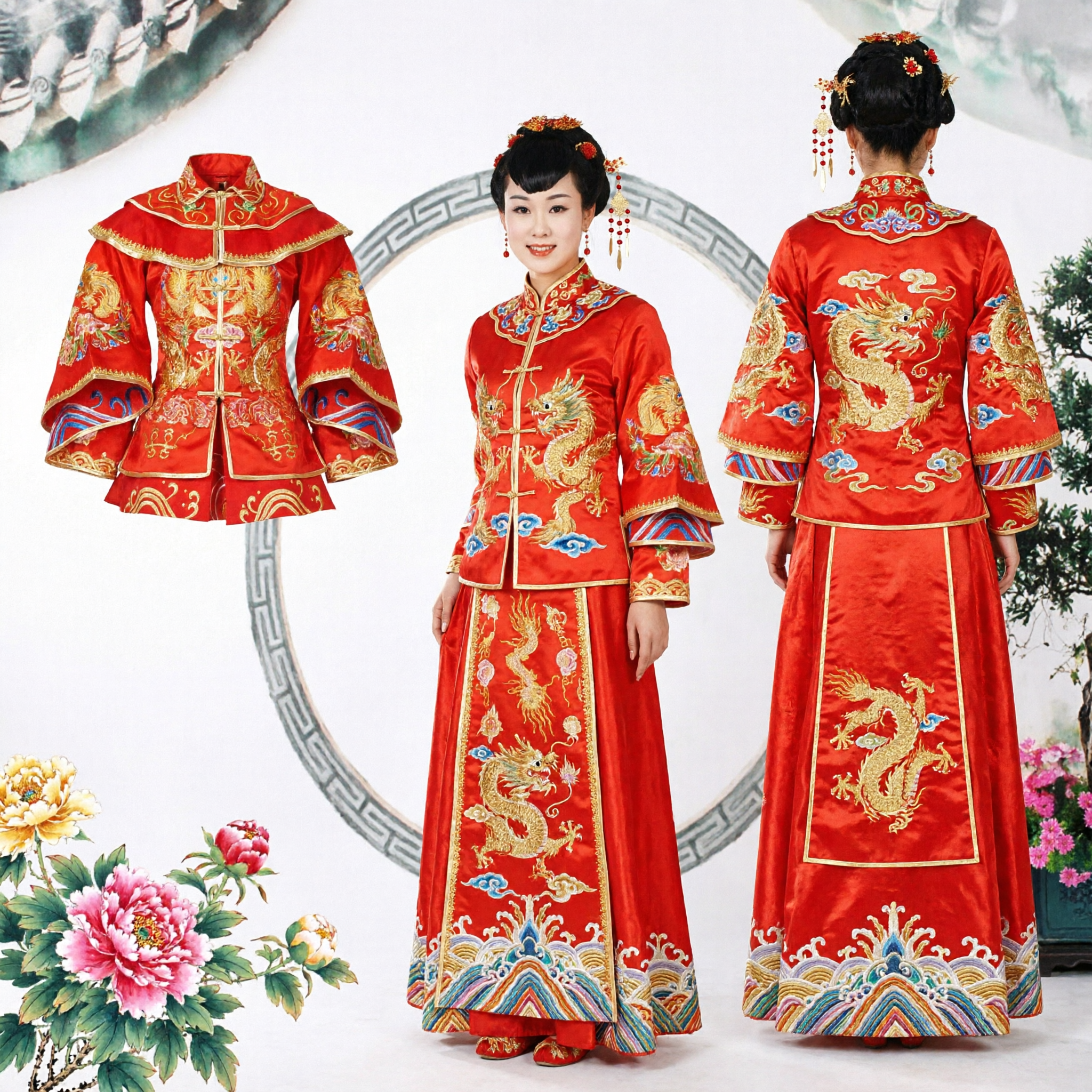 Traditional Chinese Wedding Dress Red Qun Kwa Gold Dragon Phoenix Embroidery Bride Costume for Women