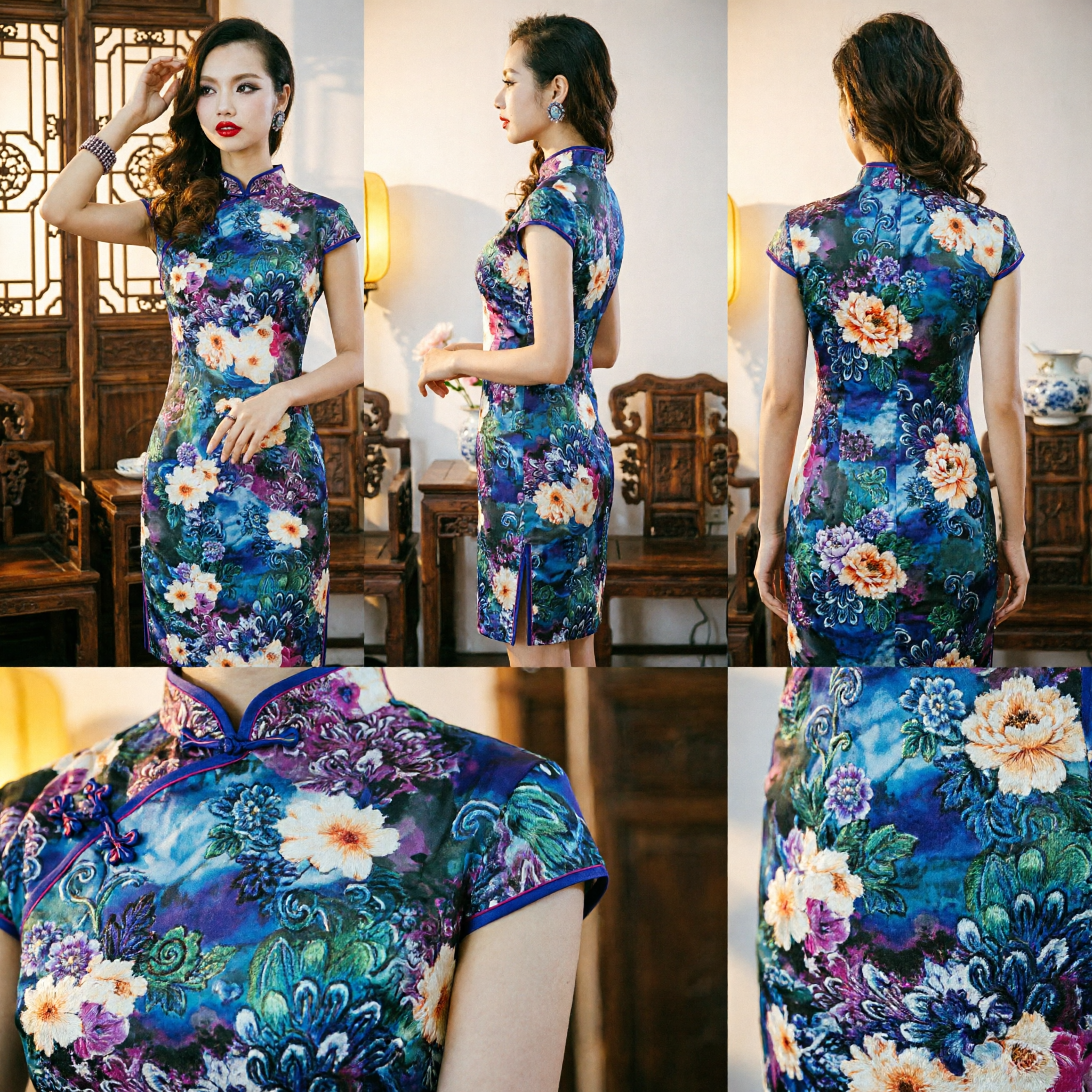 Elegant Floral Print Silk Cheongsam Qipao Dress for Women Traditional Chinese Short Evening Party Gown