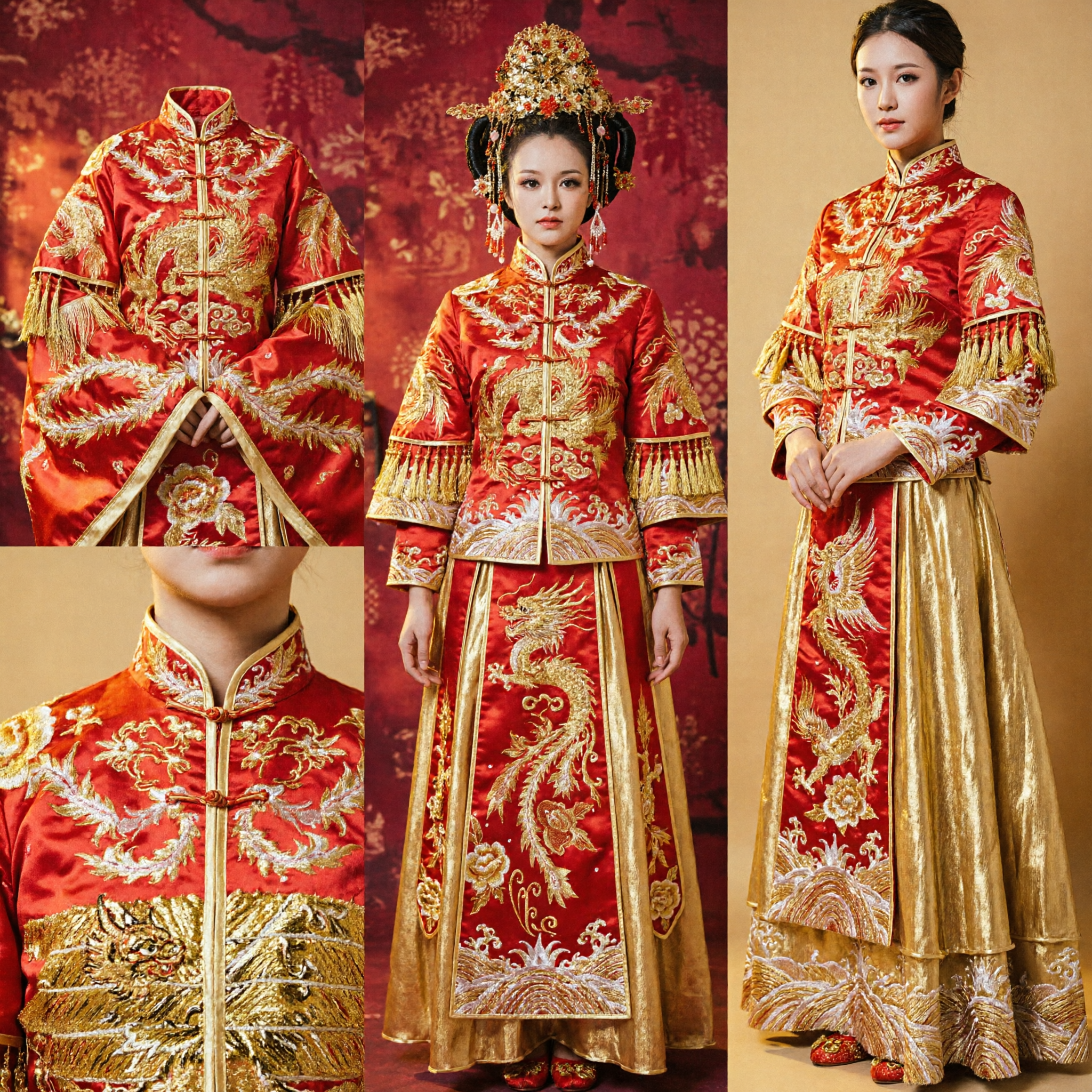 Traditional Chinese Wedding Dress Red Gold Phoenix Embroidery Xiu He Fu Ancient Bride Costume for Women