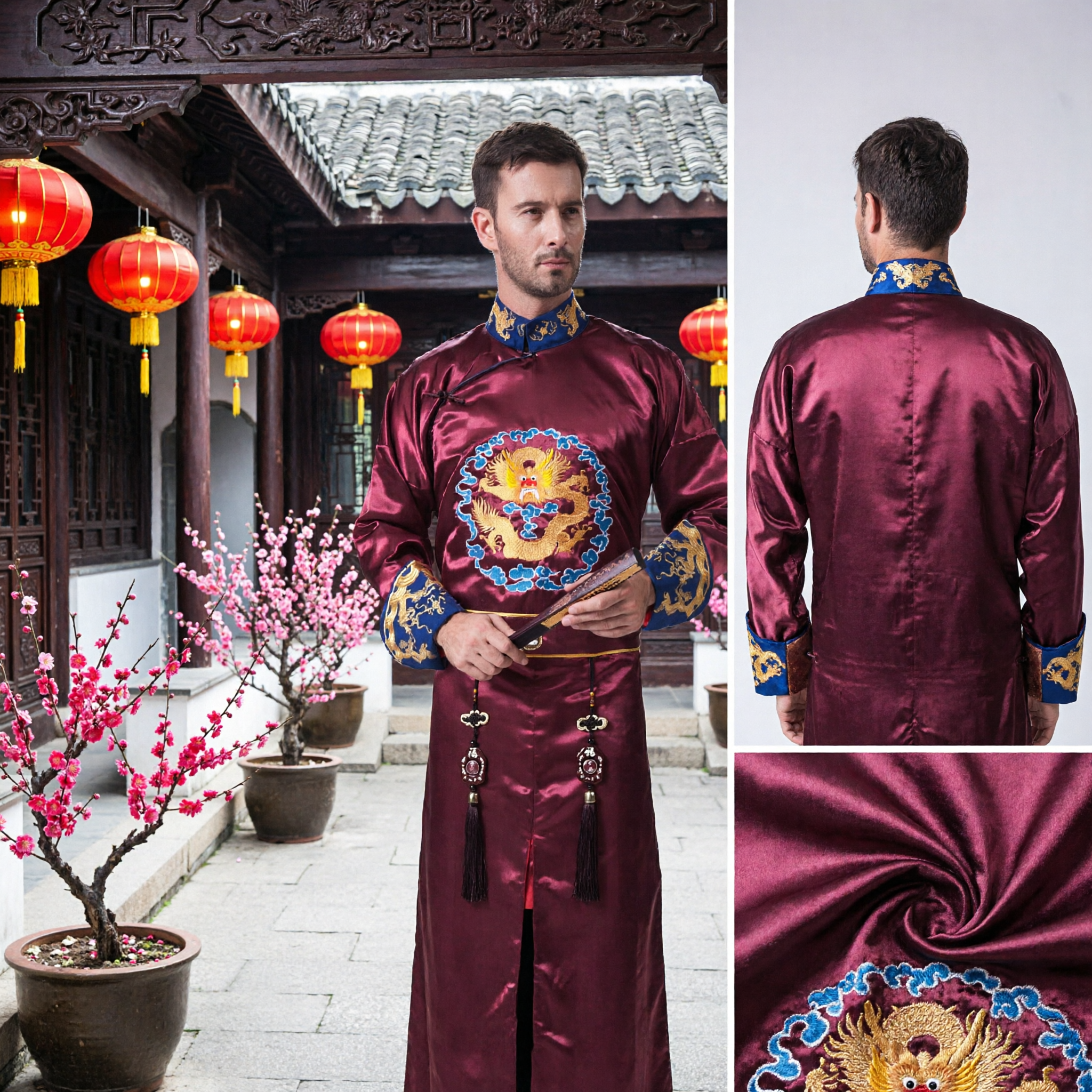 Men's Traditional Chinese Tang Suit Burgundy Dragon Embroidery Satin Mandarin Collar Wedding Groom Performance Costume