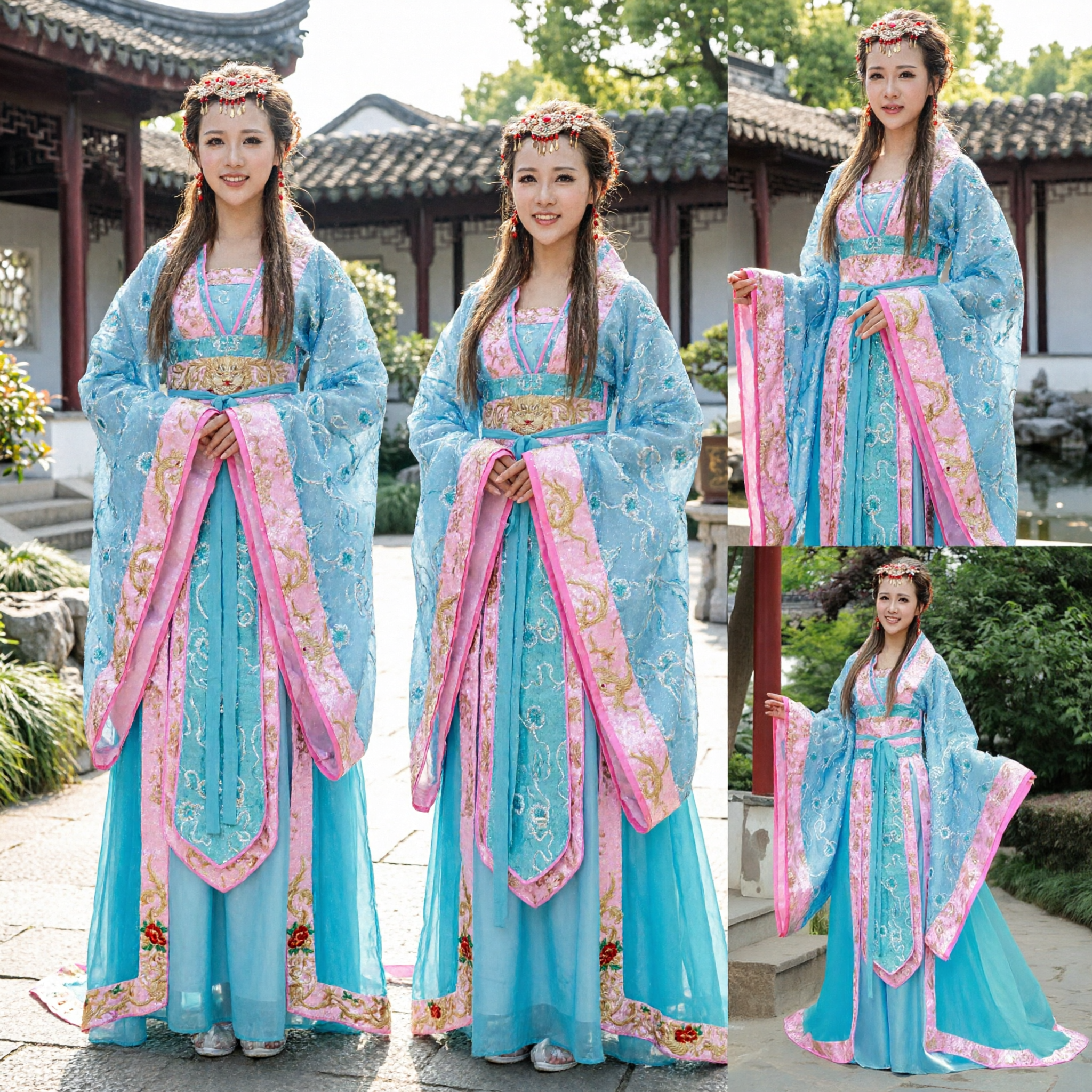 Women's Blue and Pink Embroidered Hanfu Traditional Chinese Ancient Costume for Stage Performance and Cosplay