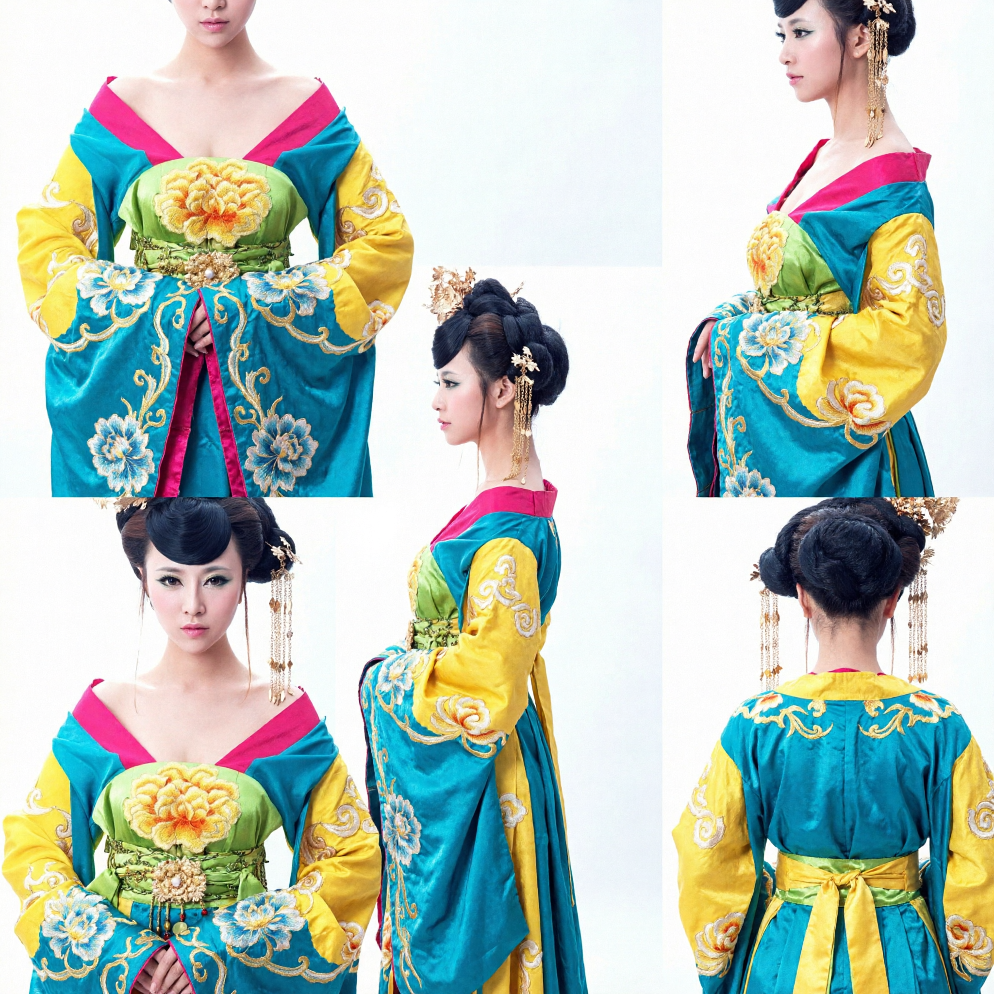 Elaborate Tang Dynasty Style Wig with Gold Accessories for Traditional Chinese Hanfu Cosplay and Dance Performance