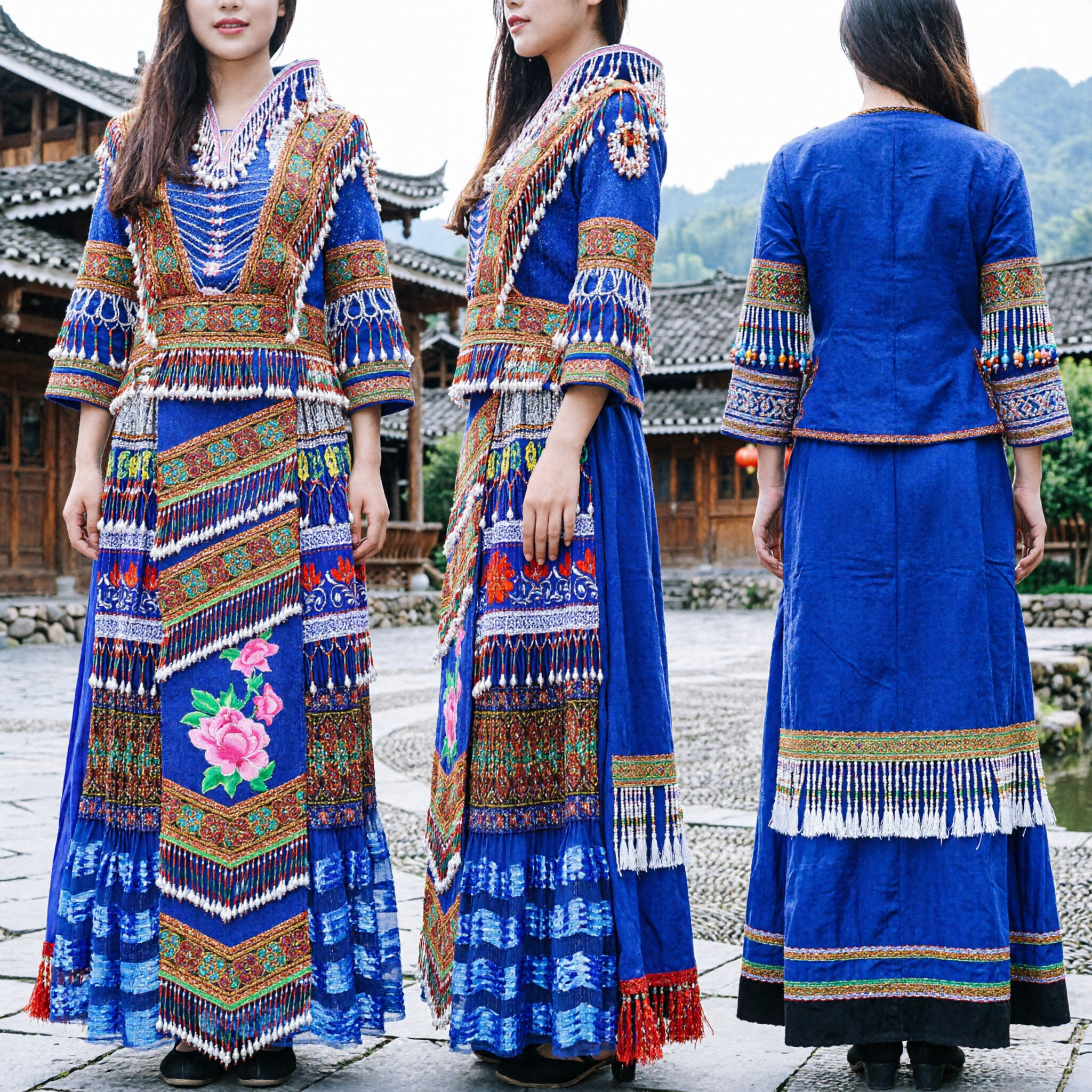 Traditional Chinese Miao Ethnic Minority Blue Embroidered Folk Dance Costume Dress for Women Performance