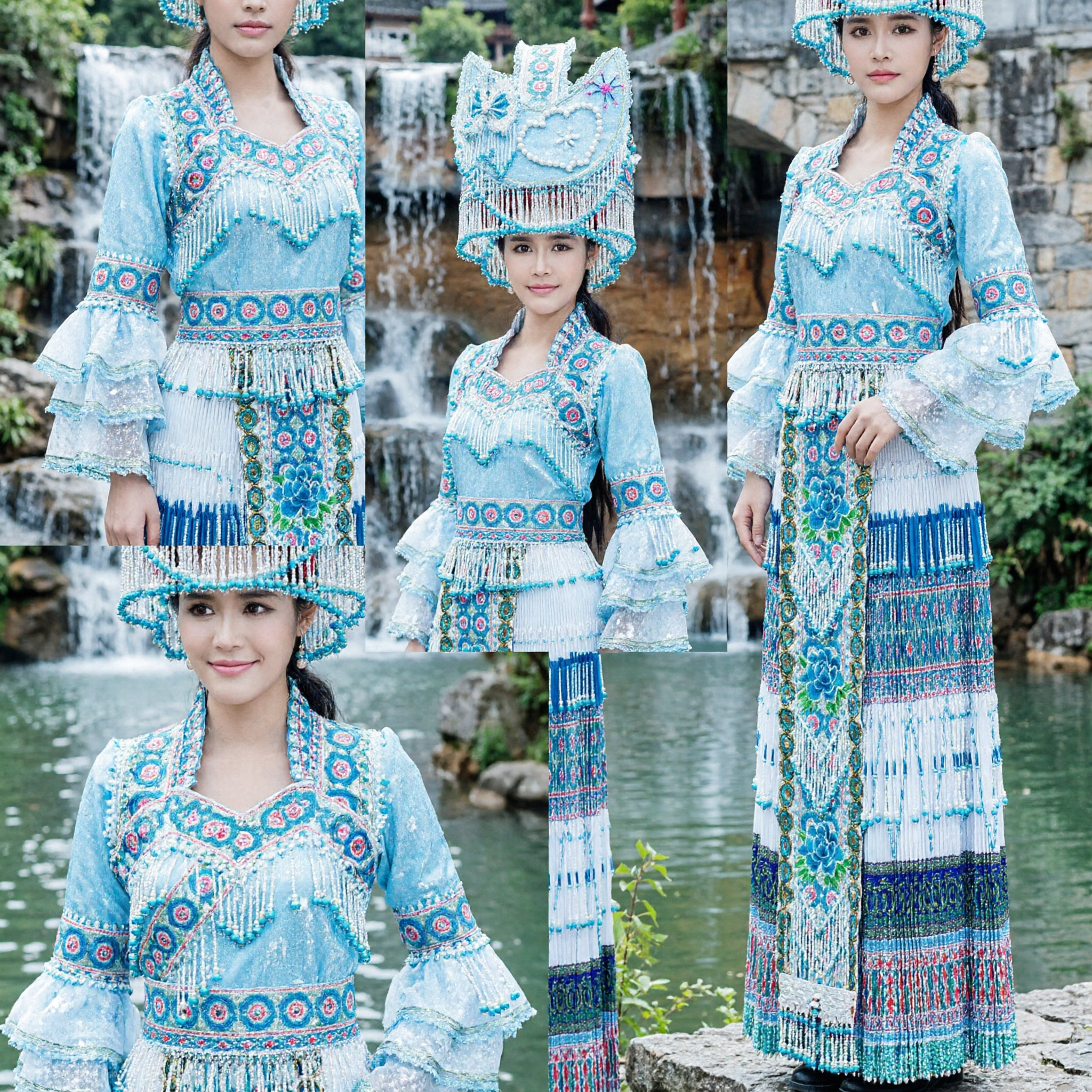 Traditional Chinese Miao Ethnic Costume Women Blue Folk Dance Dress Stage Performance Outfit with Headdress