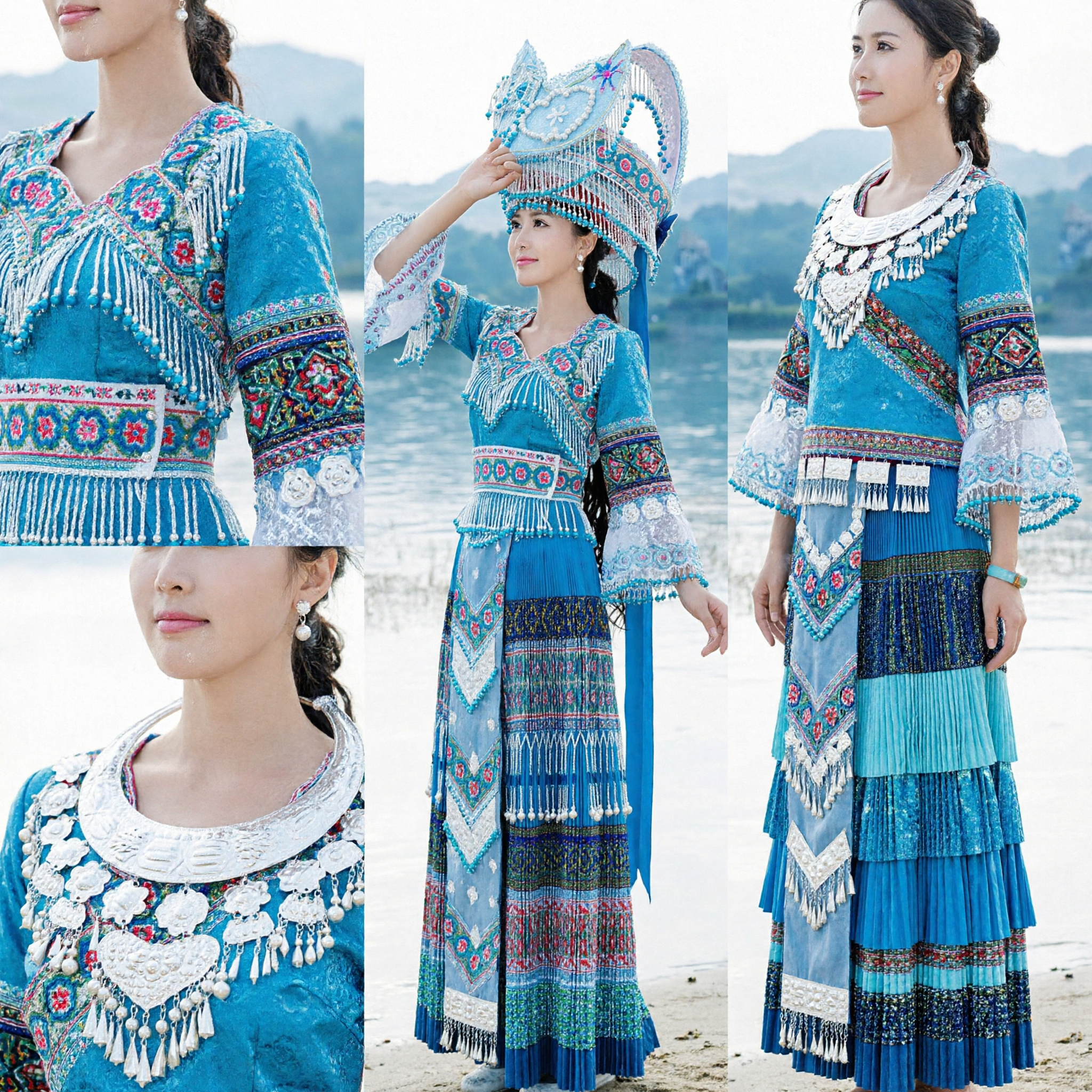 Traditional Chinese Miao Ethnic Blue Embroidery Dress with Silver Headdress for Folk Dance and Cultural Festival Performance