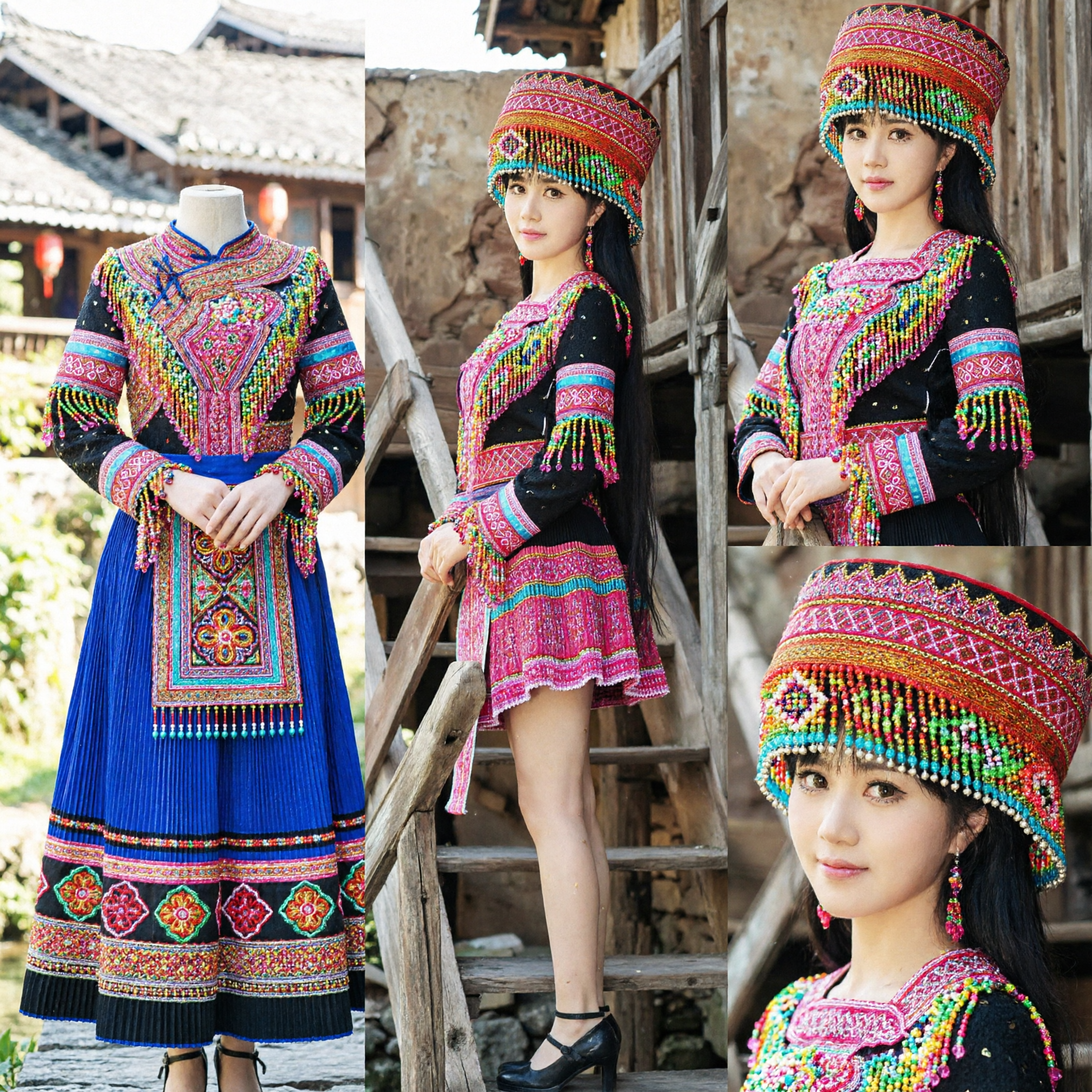 Traditional Chinese Hmong Miao Minority Costume Women Folk Dance Stage Performance Outfit with Beaded Hat