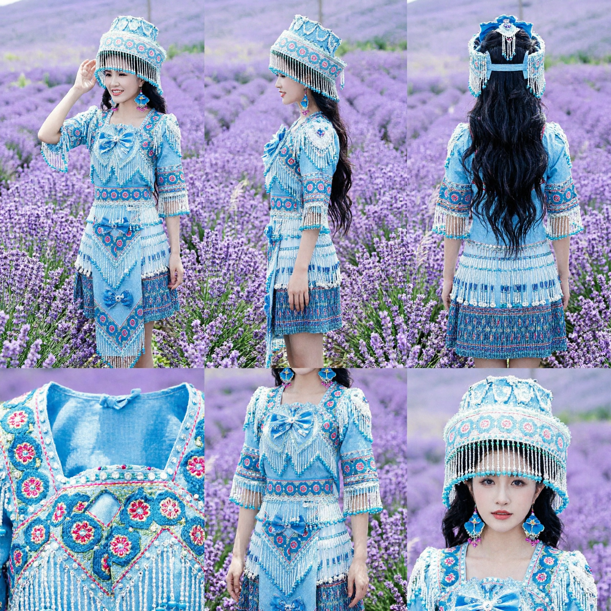 Exquisite Blue Chinese Ethnic Minority Traditional Dress and Headdress Set for Women Folk Dance Stage Performance