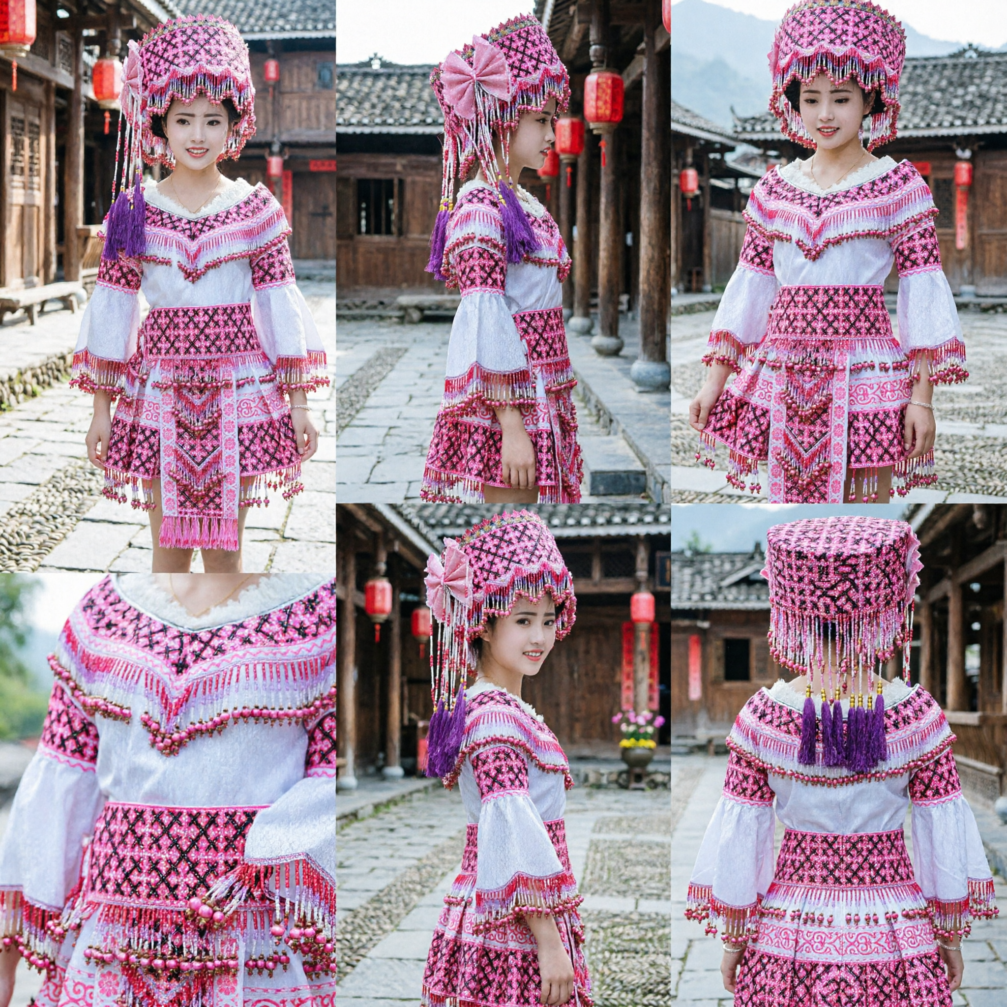 Traditional Chinese Ethnic Miao Costume Pink Embroidered Dress with Beaded Hat Folk Dance Performance Outfit for Women