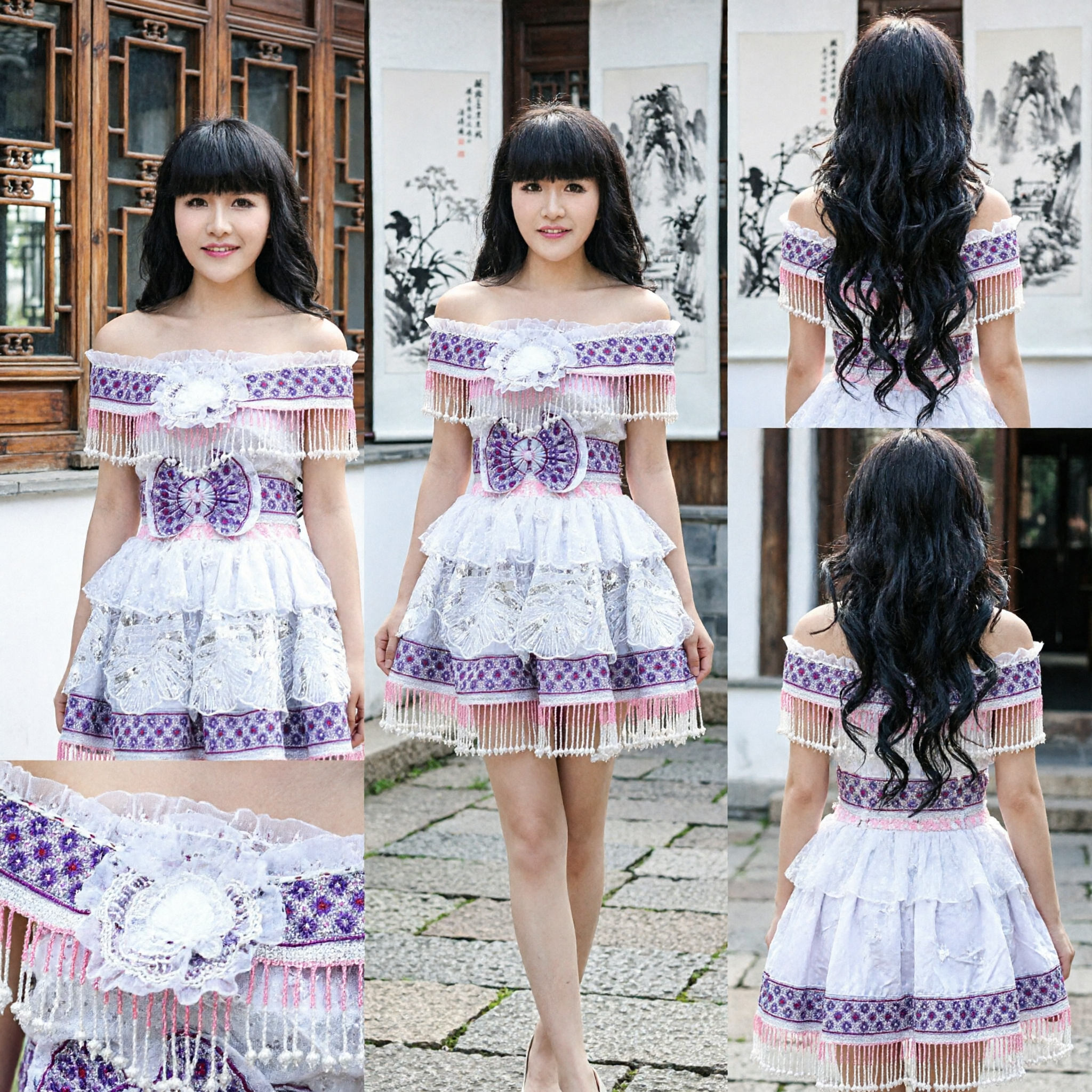 Traditional Chinese Miao Ethnic Minority Costume White Off-Shoulder Dress with Colorful Embroidery and Fringe for Dance Performance