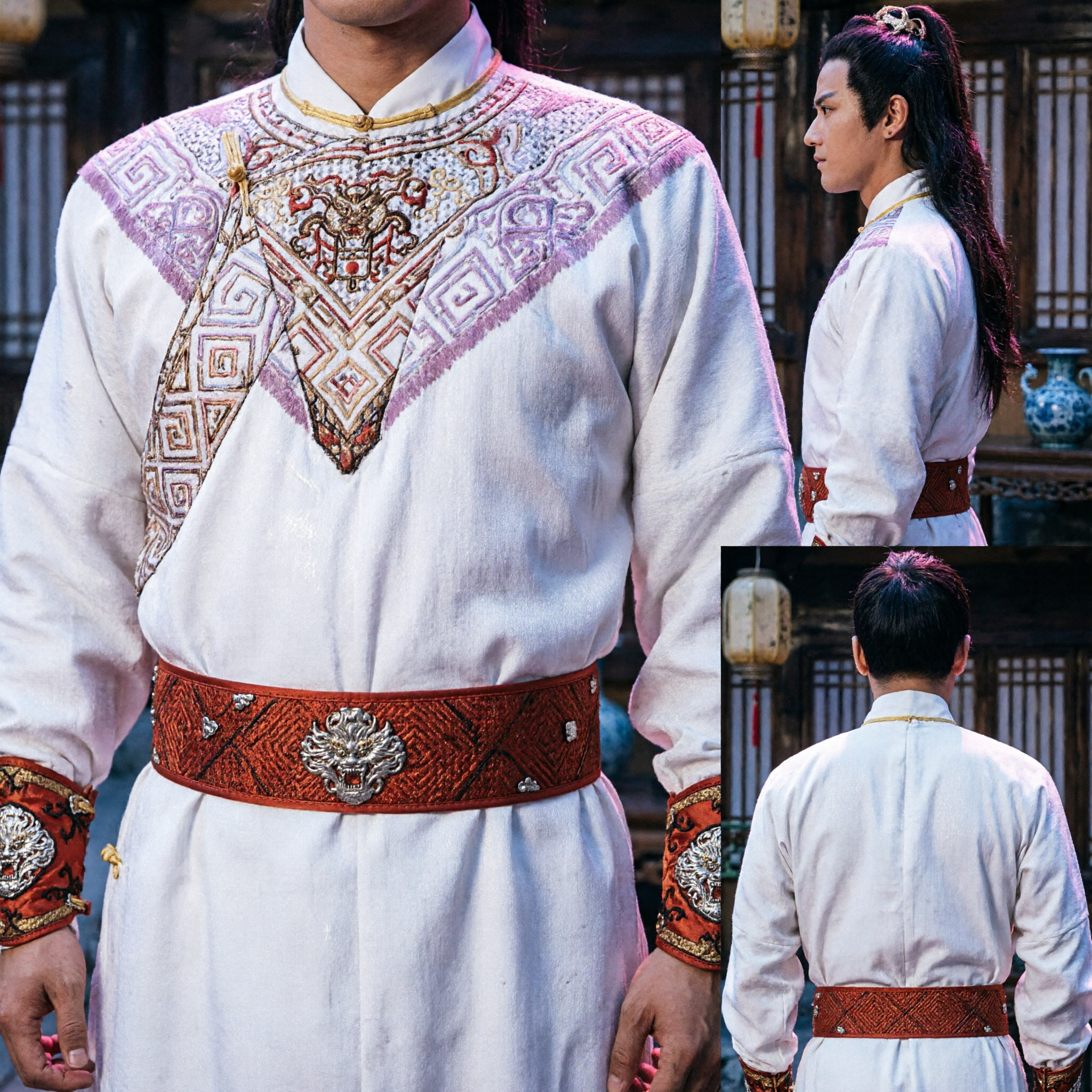Traditional Chinese Ancient Swordsman Costume White Hanfu Robe with Embroidery for Men Cosplay Performance
