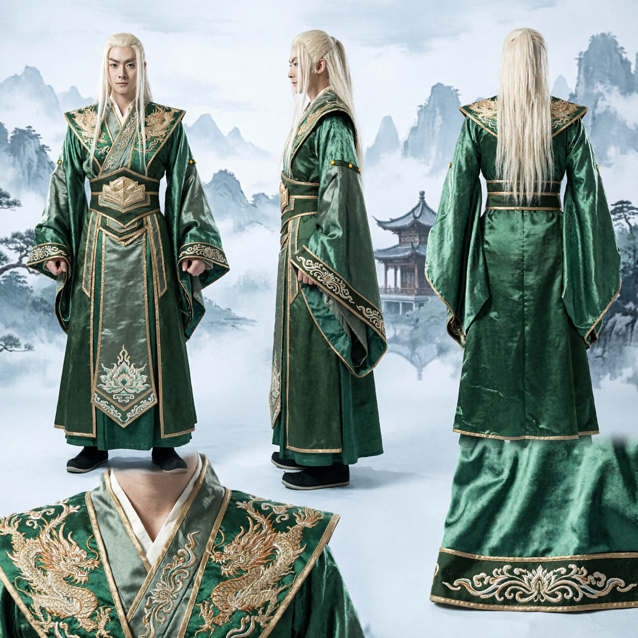 Men's Ancient Chinese Green Wuxia Swordsman Costume Traditional Hanfu Knight Cosplay Outfit for Adults