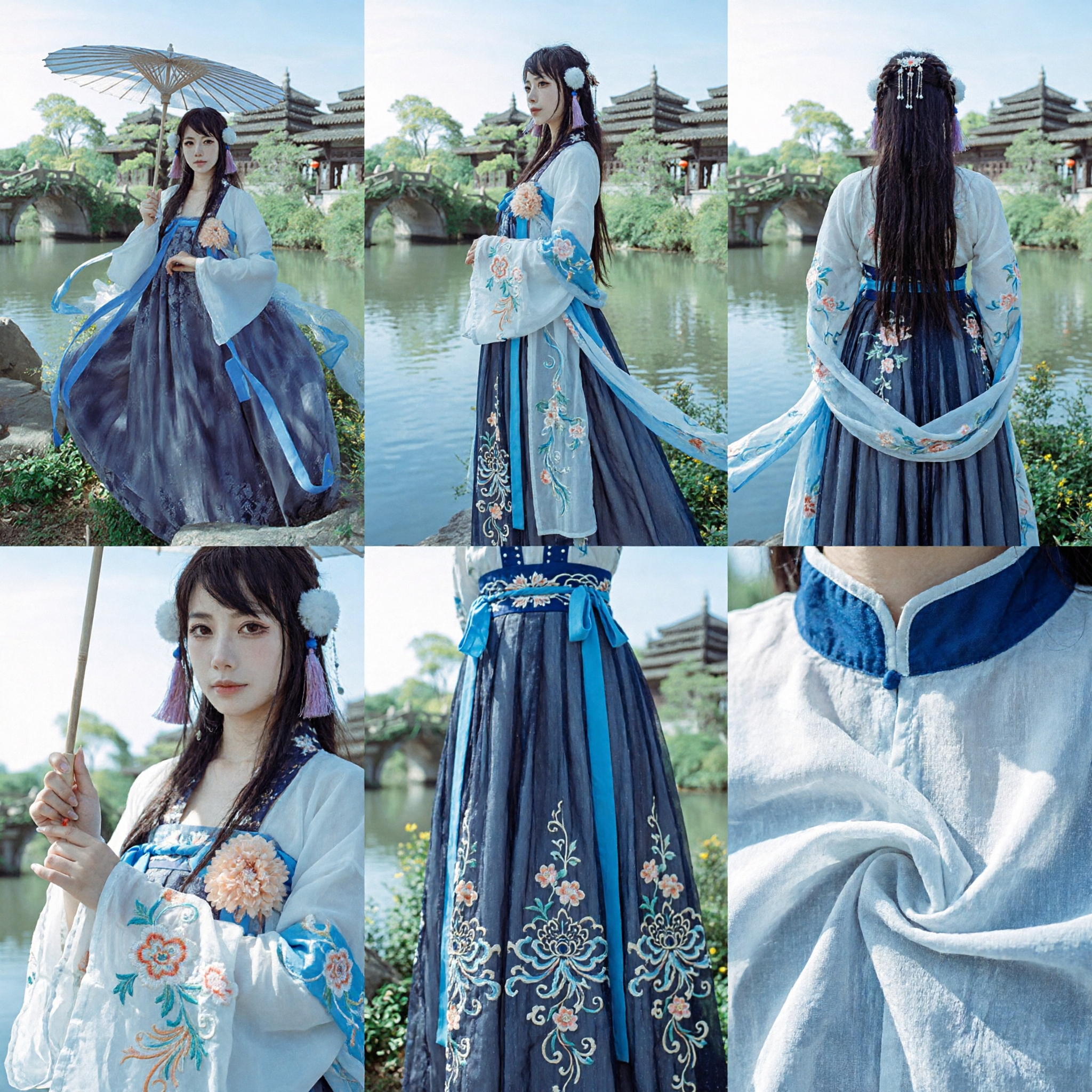 Blue Ancient Chinese Hanfu Costume Women Traditional Tang Dynasty Ruqun Dress Complete Set for Photography