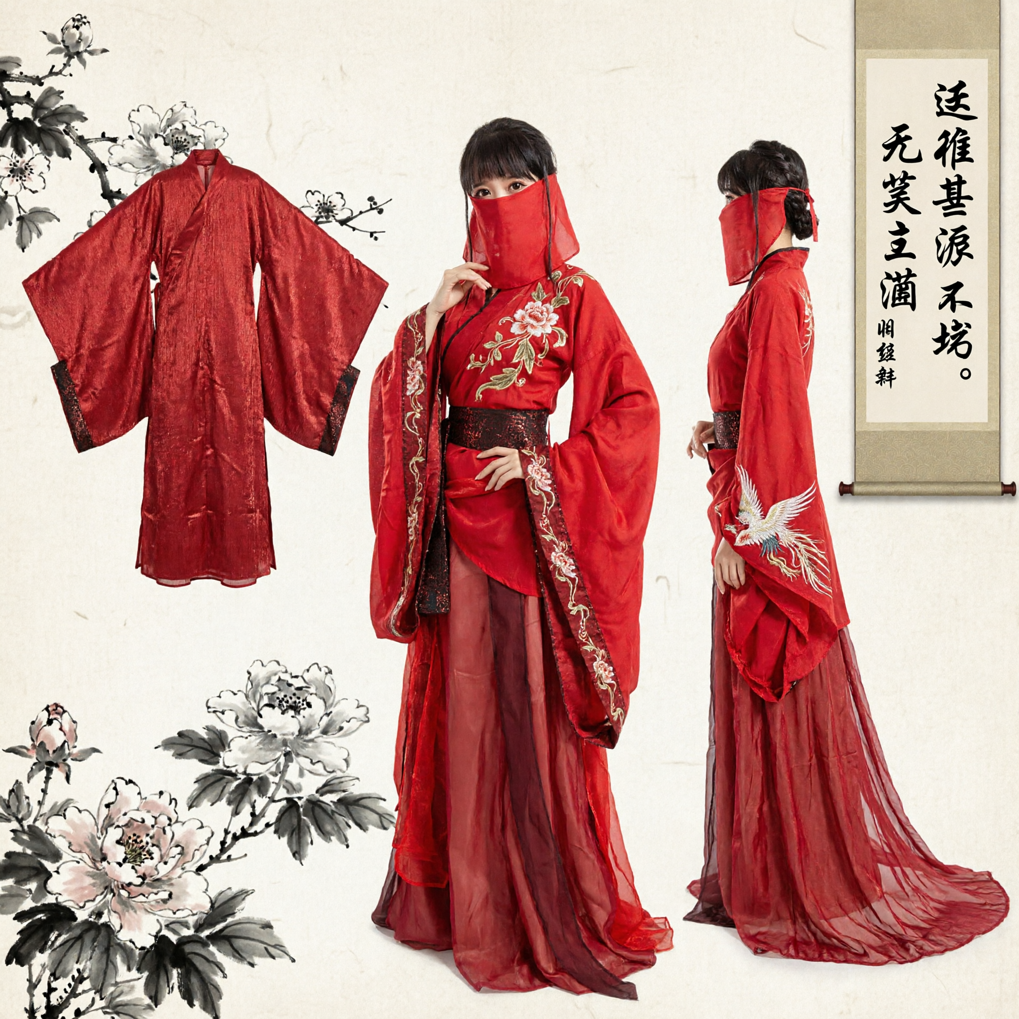 Women's Red Ancient Chinese Wuxia Assassin Costume Traditional Swordswoman Robe with Face Veil for Cosplay