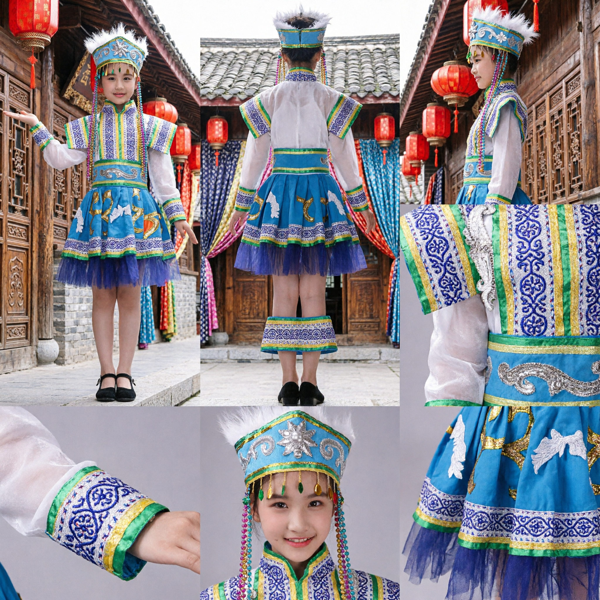 Traditional Mongolian Dance Costume for Kids Girls Blue Ethnic Horse Pattern Dress with Feathered Hat
