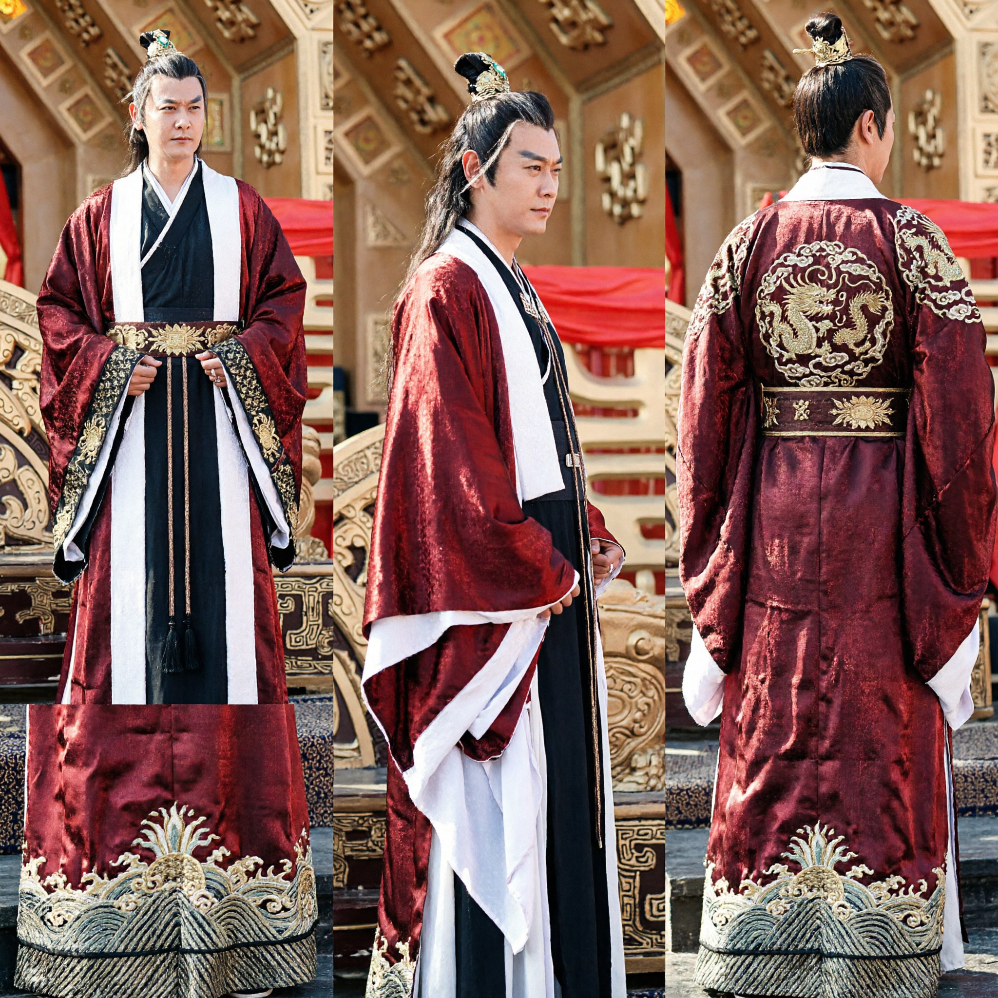 Men's Ancient Chinese Hanfu Costume Traditional Taoist Robe Red and Black Outfit for Cosplay and Performance