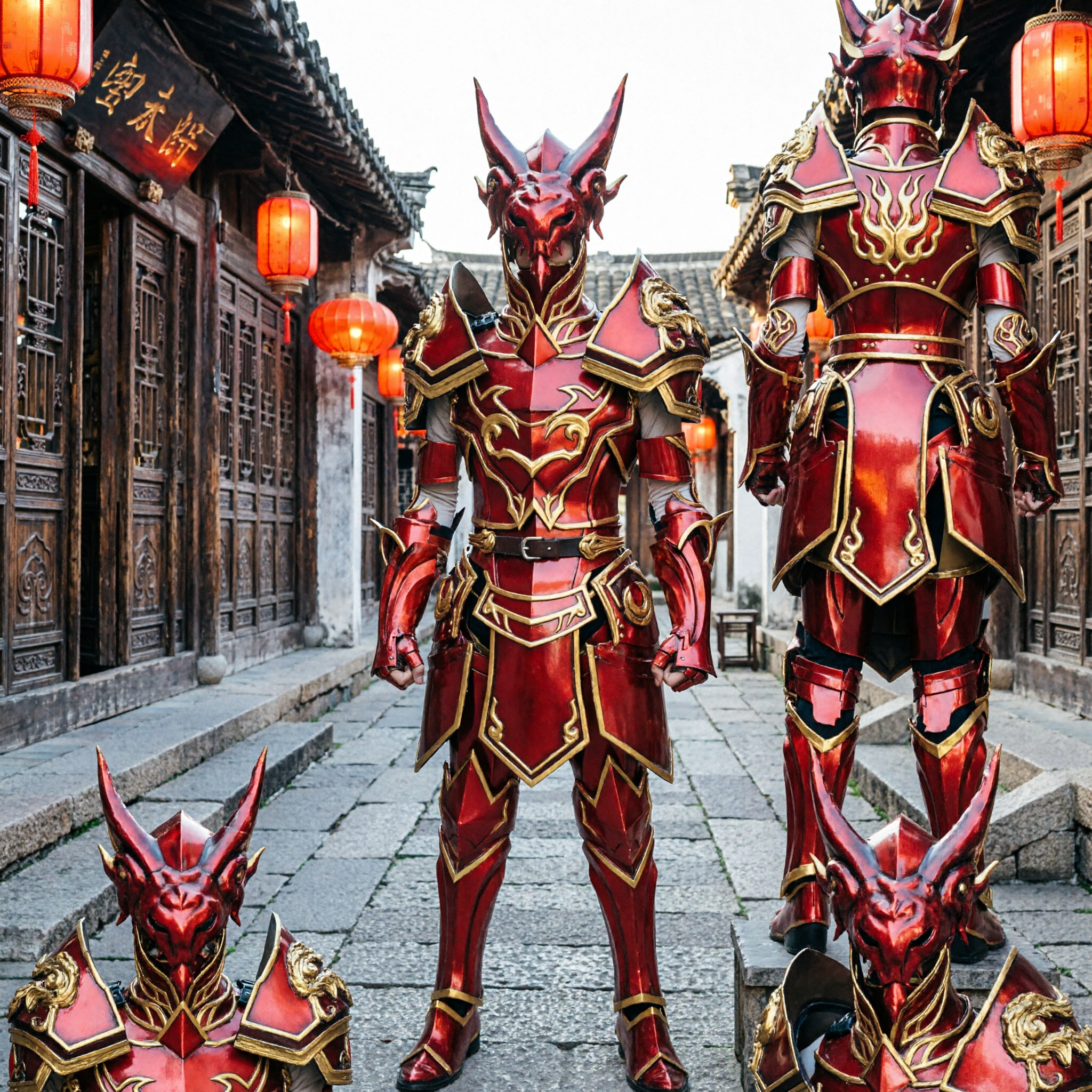 Men's Red Dragon General Armor Suit Traditional Chinese Fantasy Cosplay Costume for Stage Performance