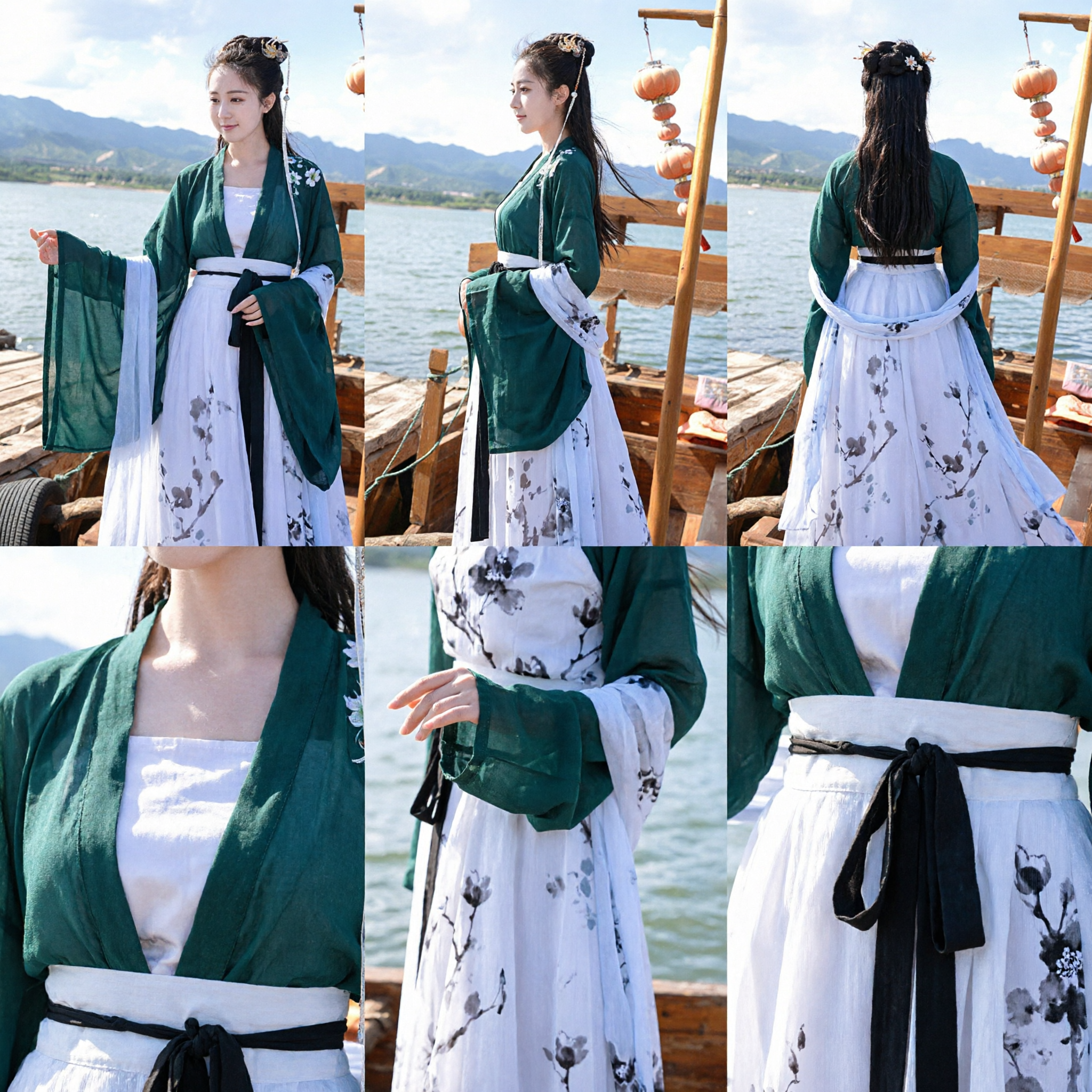 Traditional Chinese Hanfu Costume Ancient Fairy Dress Green Top White Skirt Plum Blossom Print for Women