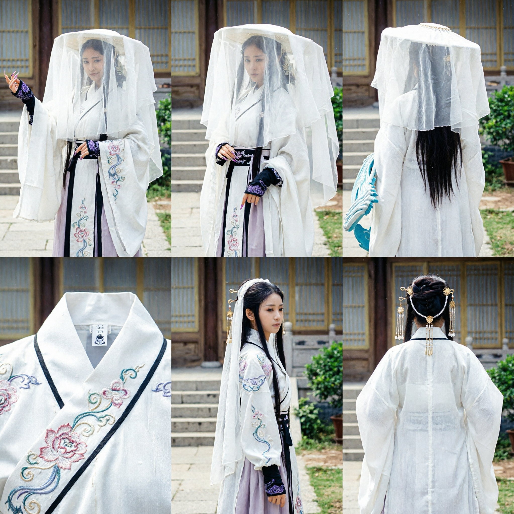 Ancient Chinese Wuxia Heroine Costume White Hanfu Robe with Veiled Bamboo Hat for Women Cosplay