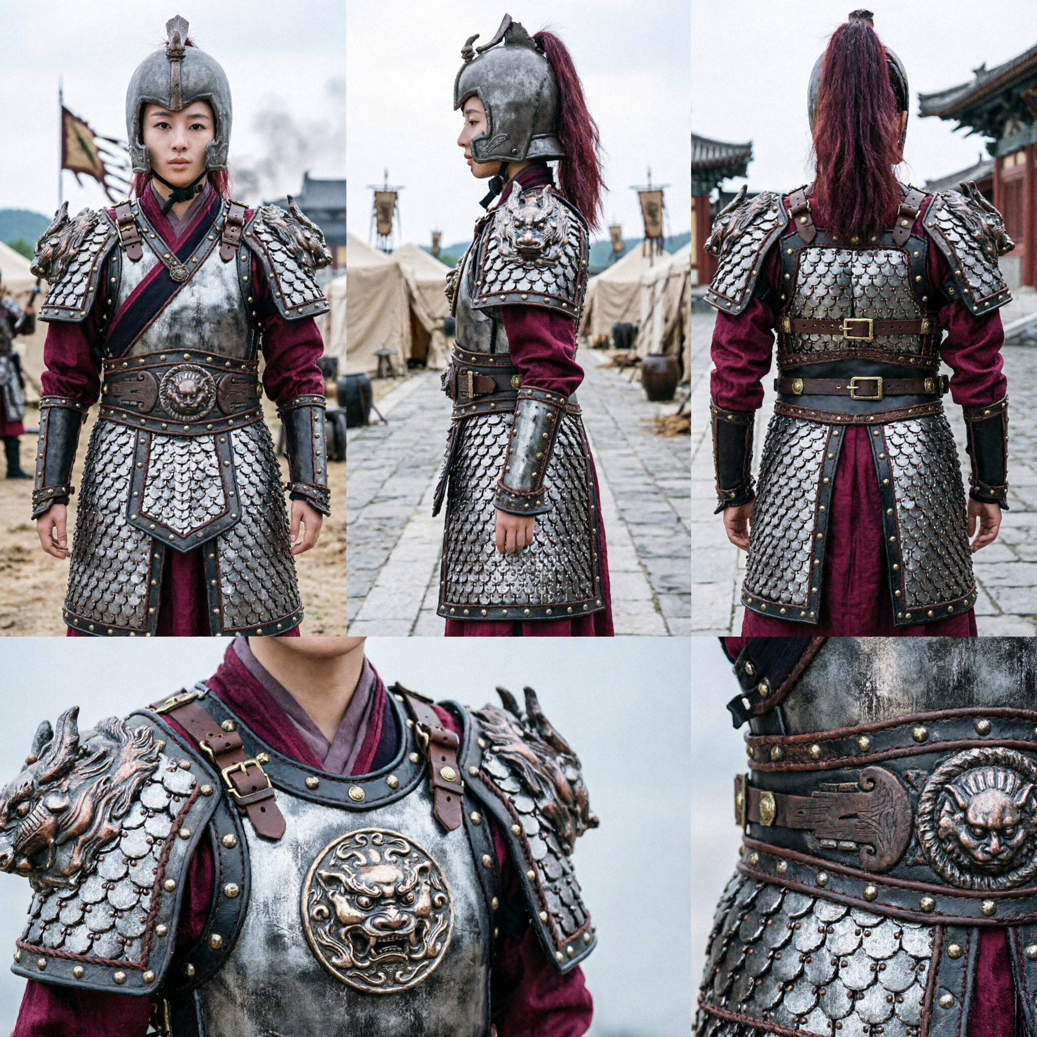 Traditional Chinese Ancient General Armor Women's Mulan Warrior Hanfu Cosplay Costume Set with Dragon Helmet