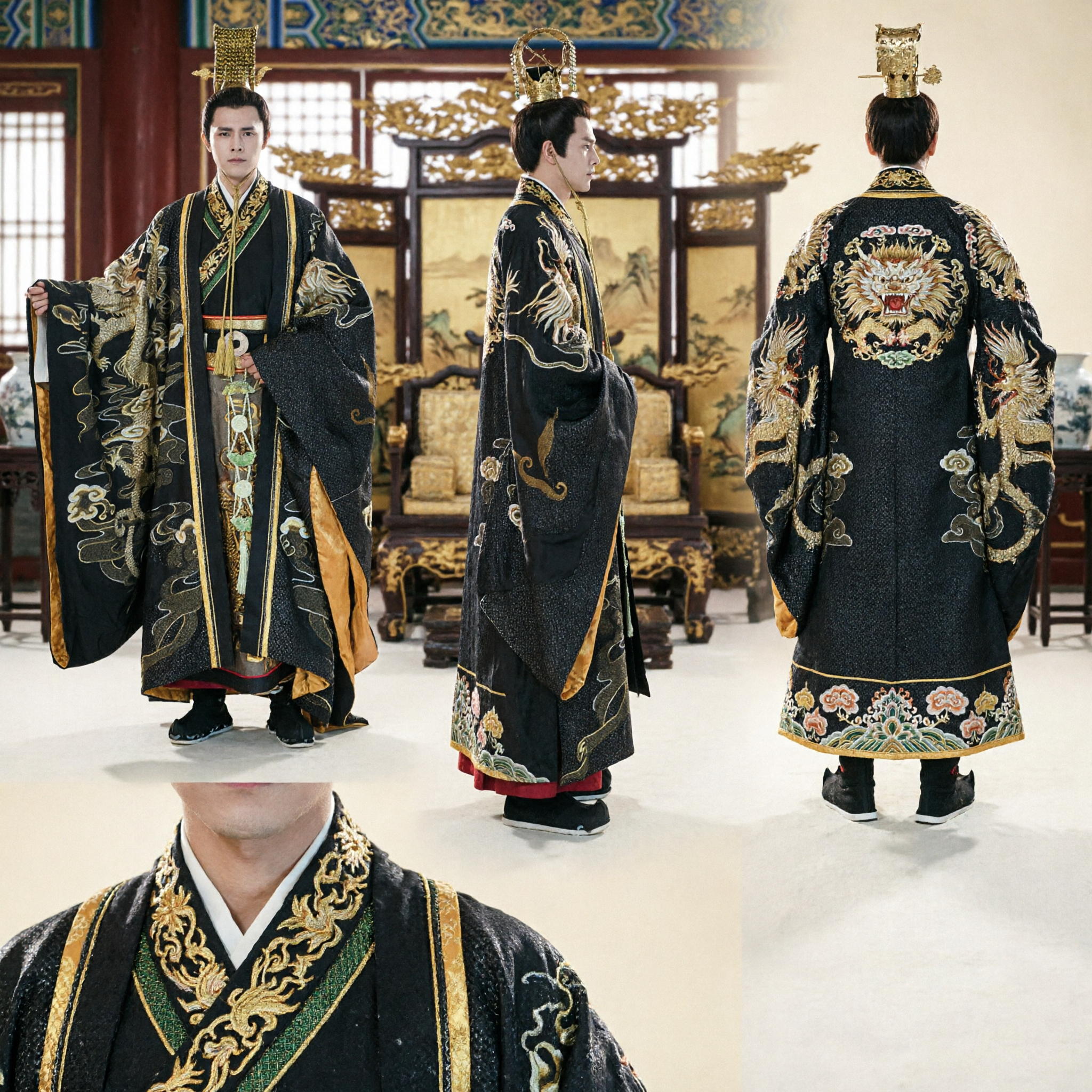 Men's Ancient Chinese Emperor Hanfu Costume Black Dragon Robe Traditional Historical Cosplay Outfit