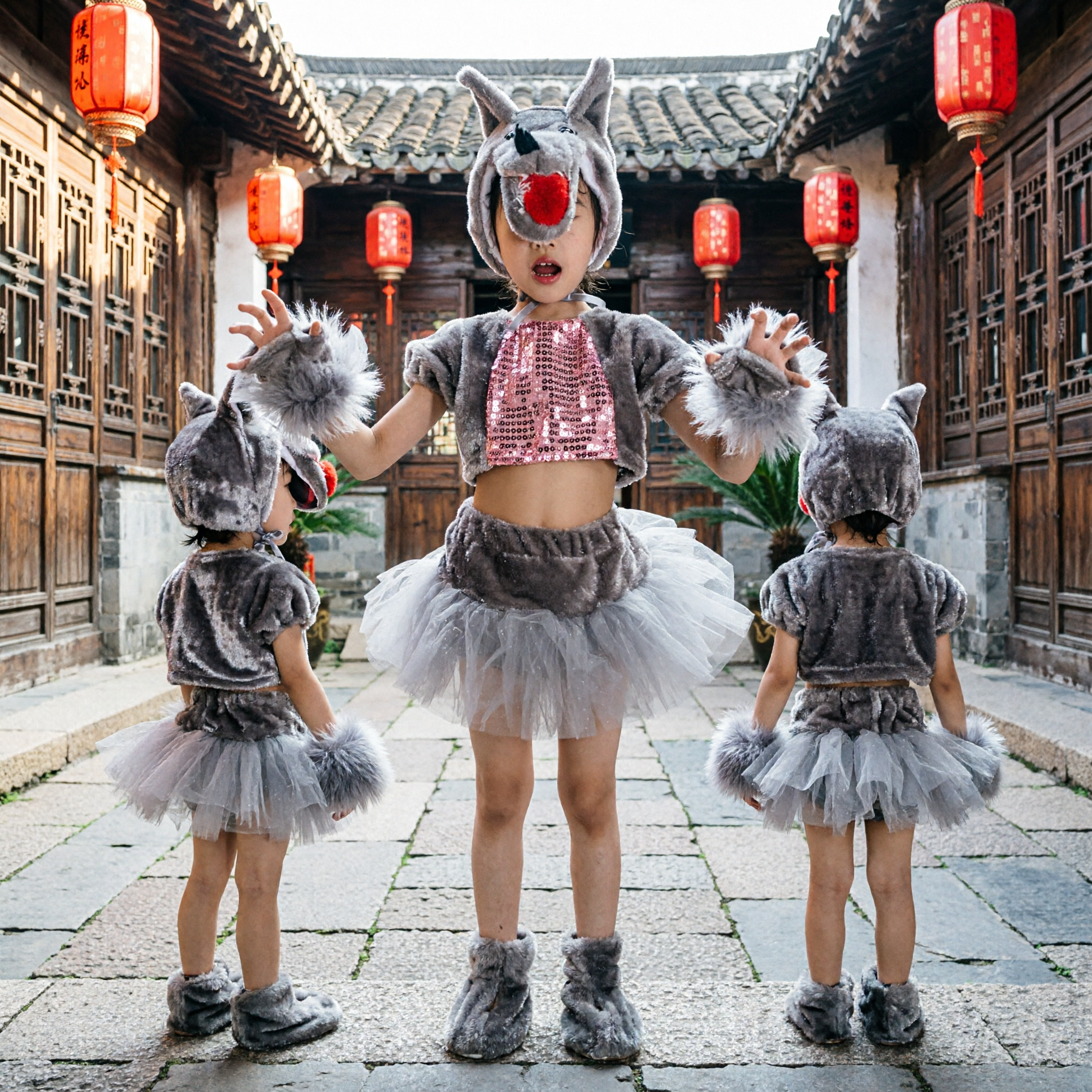 Children's Grey Donkey Animal Costume Traditional Chinese Dance Outfit for Kids Stage Performance and Halloween