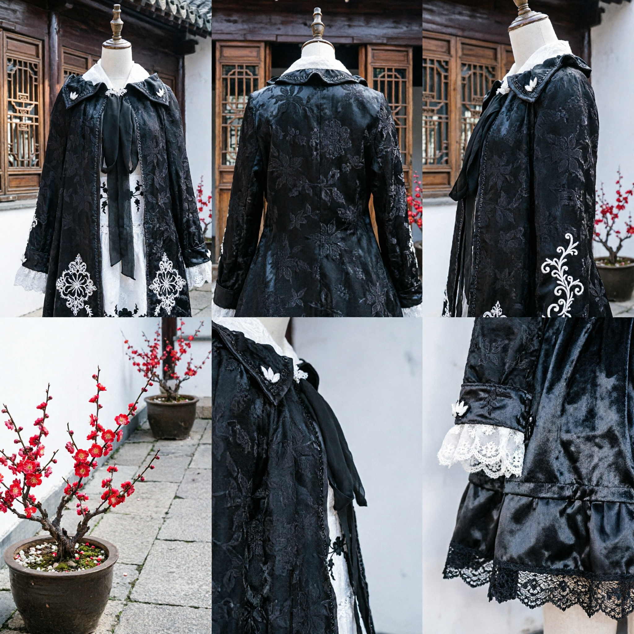 Traditional Chinese Black Brocade Cloak with White Bird Embroidery Hanfu Cape for Cosplay and Historical Reenactment