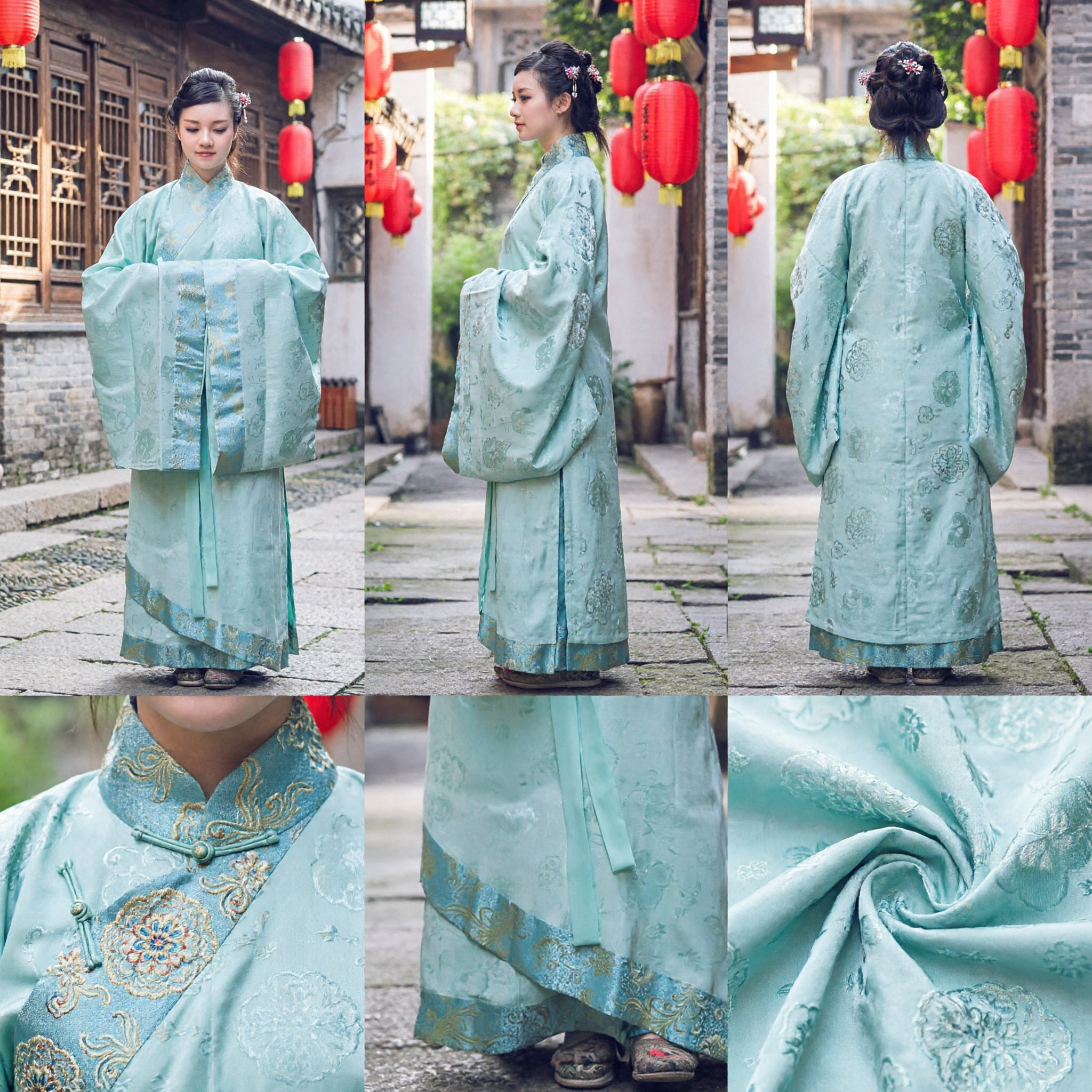 Traditional Chinese Hanfu Costume Women Ancient Ming Dynasty Style Mint Green Brocade Robe for Wedding Performance