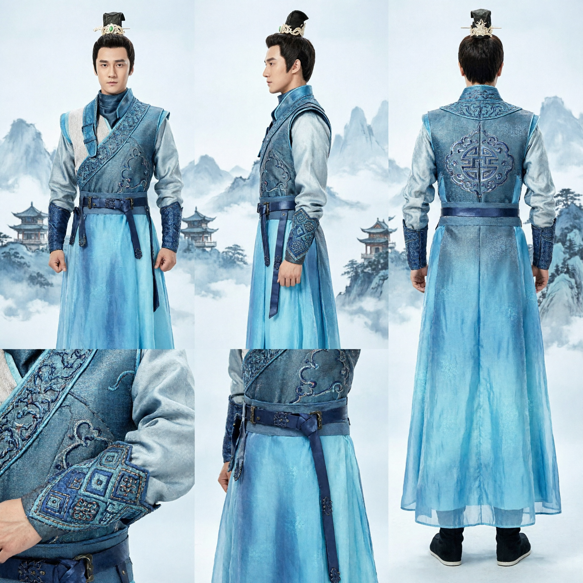 Men's Ancient Chinese Blue Hanfu Costume Traditional Noble Swordsman Robe for Cosplay