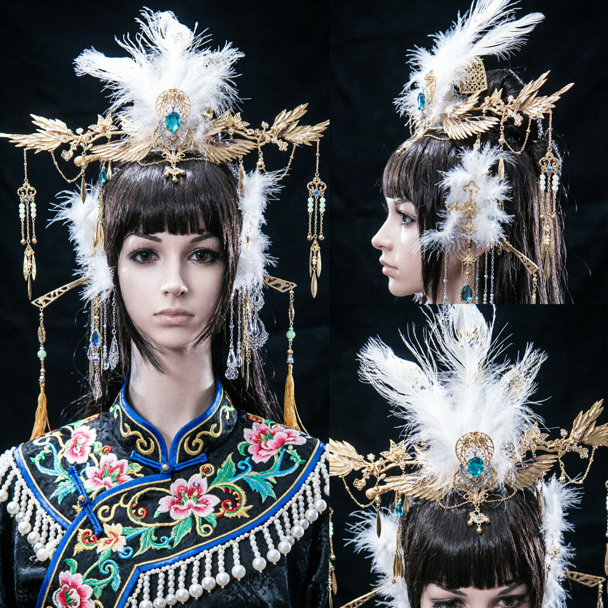 Traditional Chinese Phoenix Crown Headdress with White Feathers and Gold Wings for Hanfu Cosplay and Bridal Costume