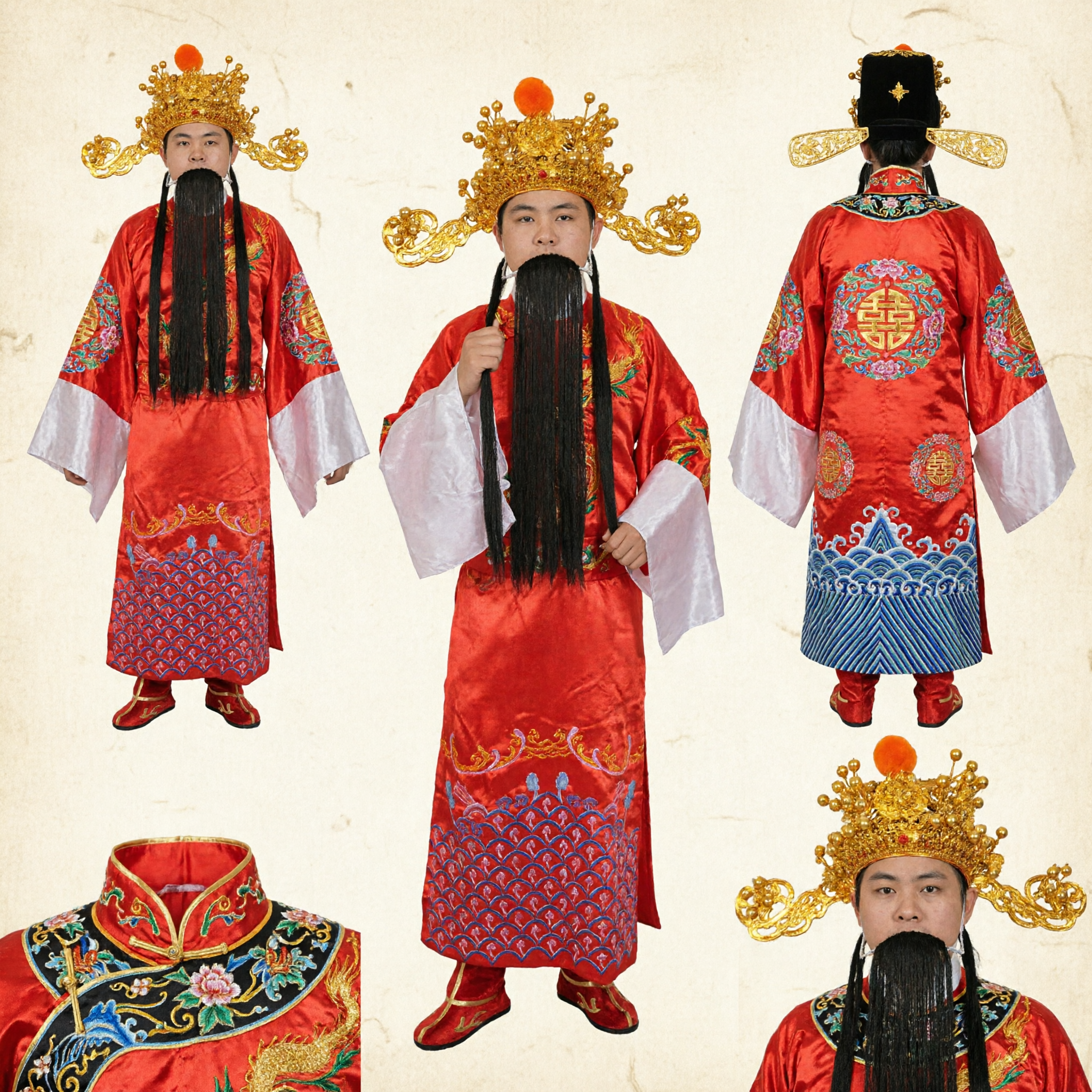 Men's Traditional Chinese Emperor Costume Red Dragon Robe with Crown and Beard for Stage Performance