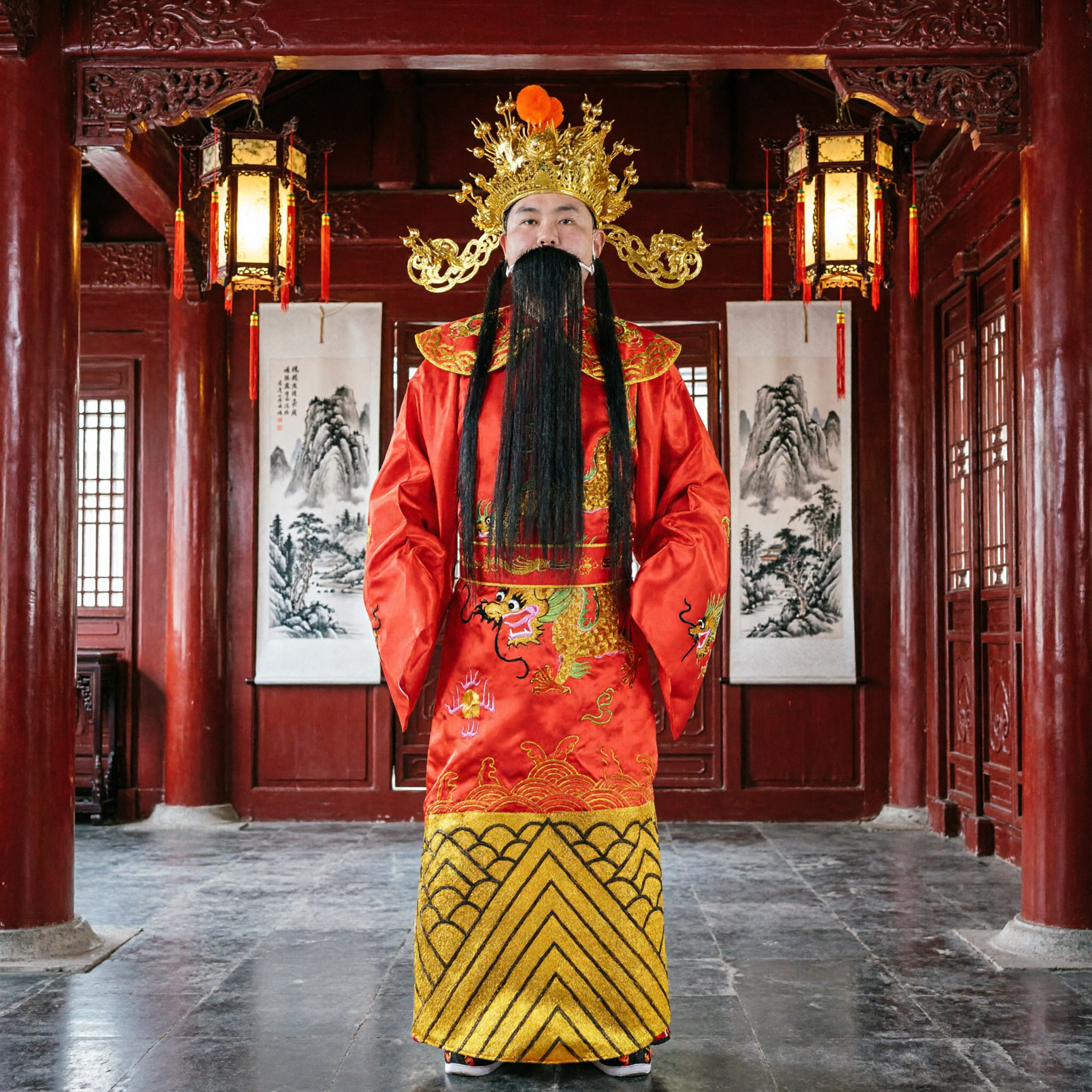 Traditional Chinese God of Wealth Caishen Costume Men Red Dragon Robe Emperor Outfit for Lunar New Year