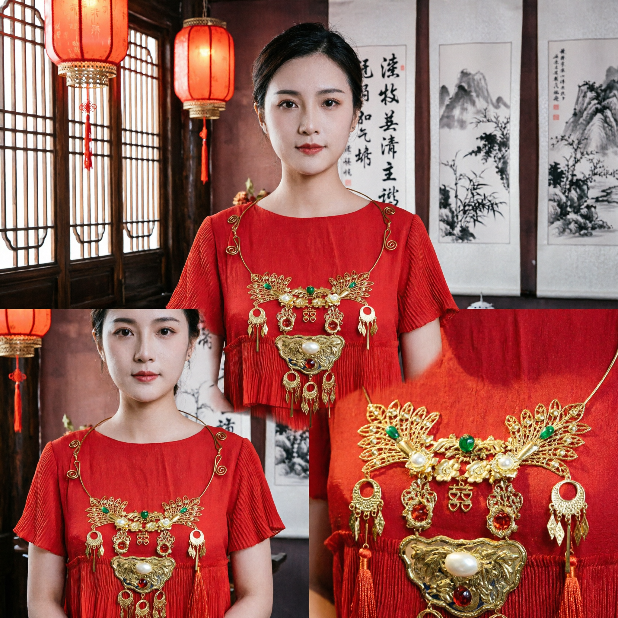 Traditional Chinese Gold Phoenix Necklace Wedding Bridal Jewelry with Red Gems for Hanfu Costume Accessories