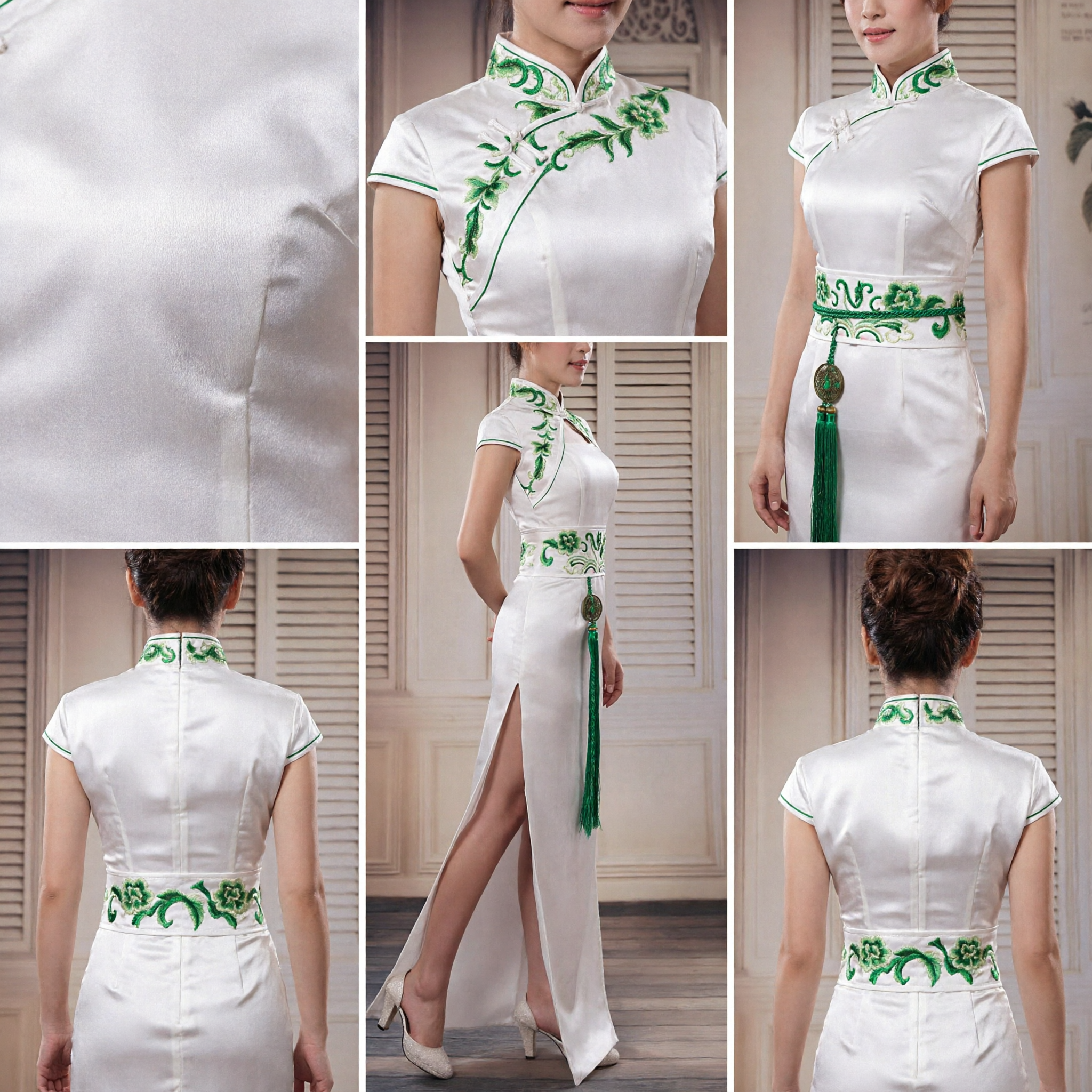 Elegant White Long Qipao Dress with Green Embroidery Traditional Chinese Cheongsam for Women Wedding Banquet