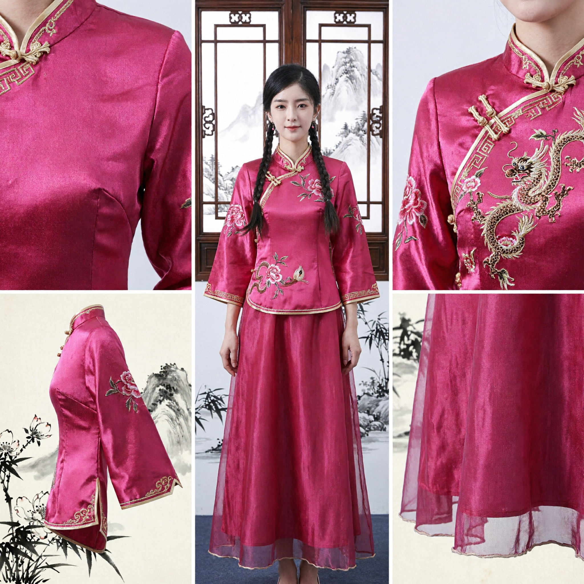 Women's Traditional Chinese Magenta Tang Suit Jacket and Long Skirt Ensemble for Festivals and Performances