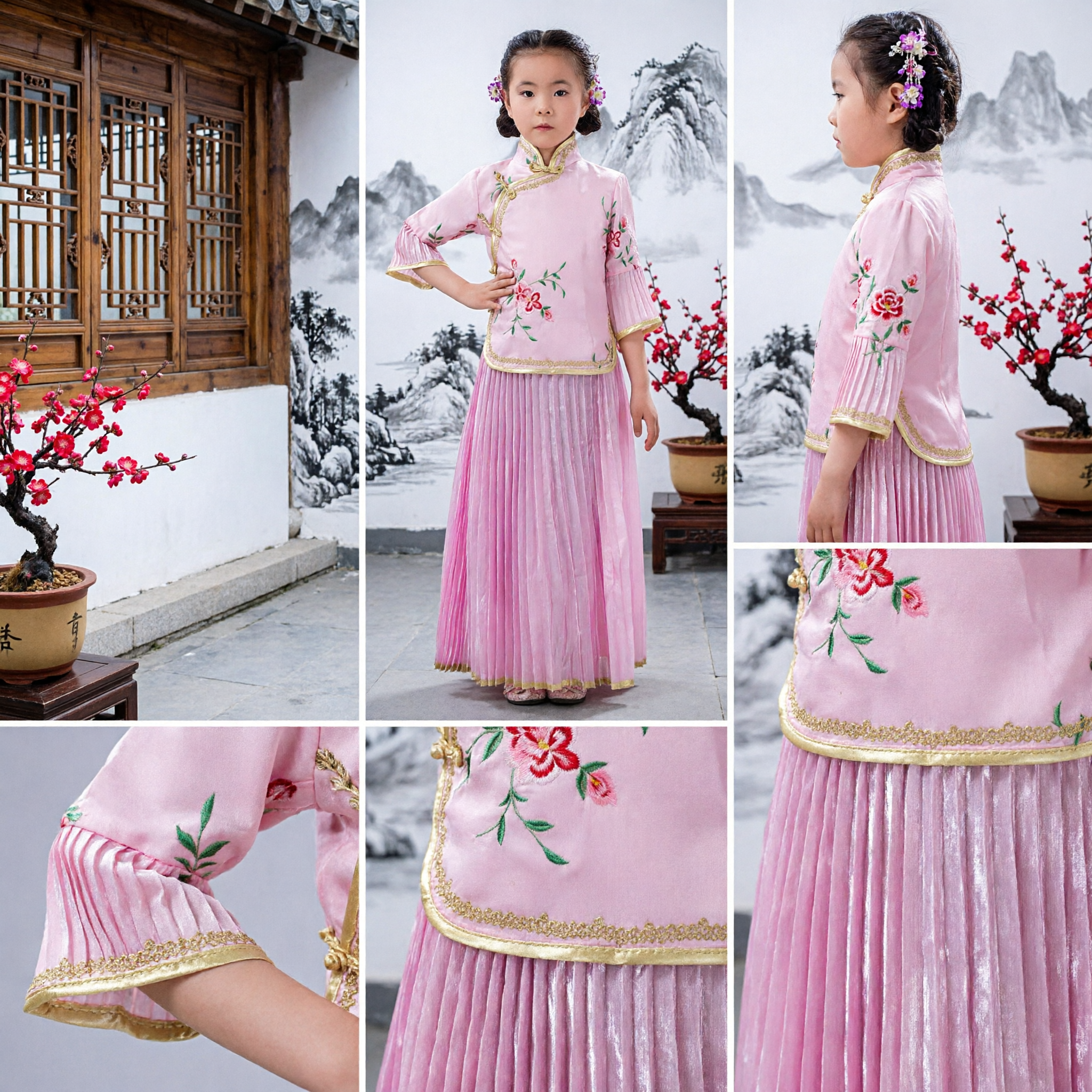 Pink Traditional Chinese Cheongsam Dress Kids Girls Embroidered Folk Dance Performance Costume Set