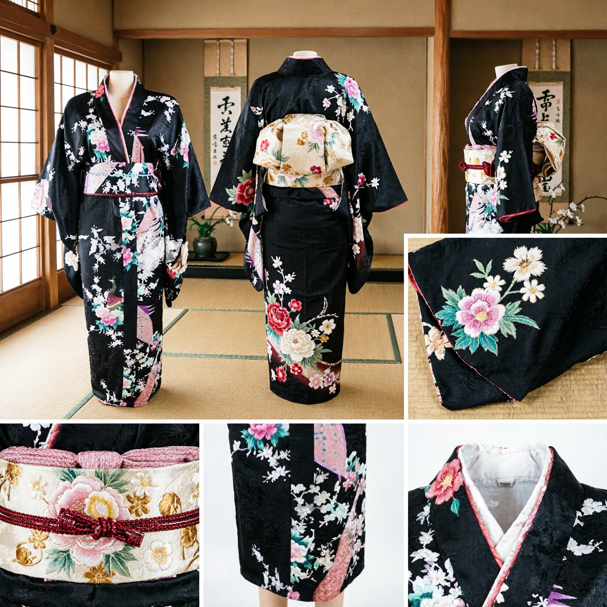 Elegant Black Floral Japanese Kimono Traditional Costume for Women Long Sleeve Robe for Cosplay and Parties