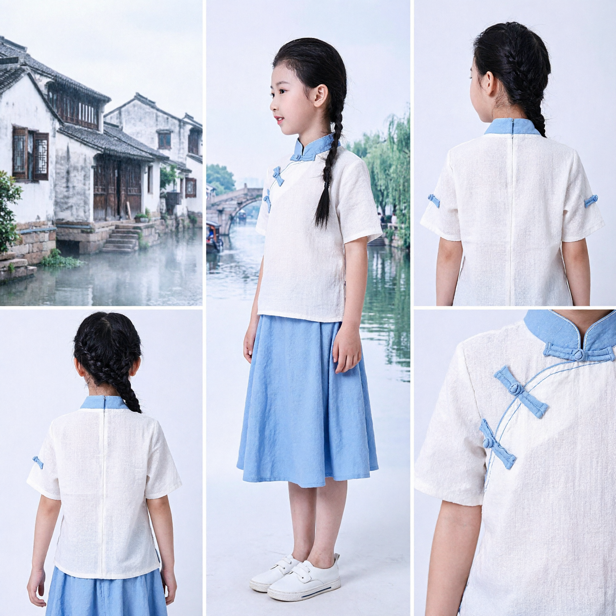 Traditional Chinese Clothing for Girls Summer Cotton Linen Cheongsam Top and Blue Skirt Set Student Uniform
