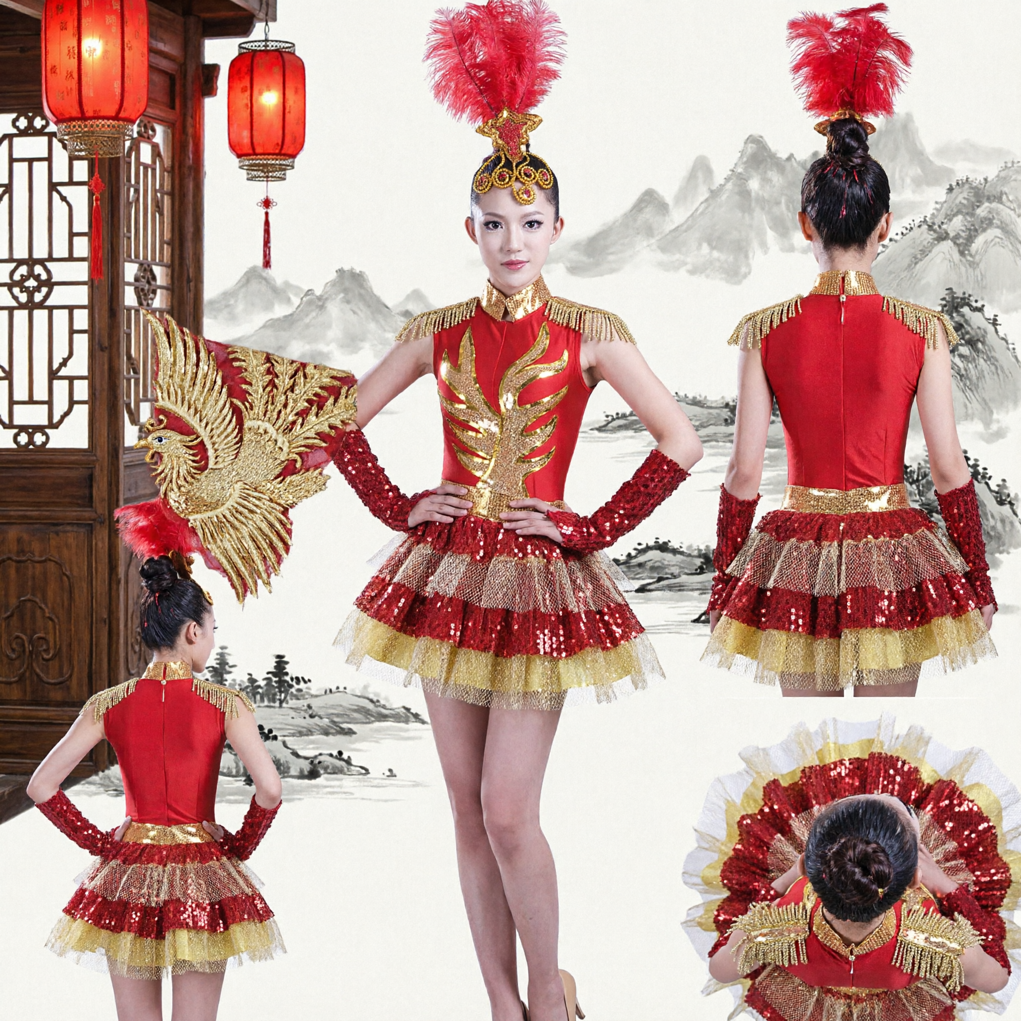 Women Red Gold Majorette Marching Band Uniform Dance Costume with Feather Headdress for Stage Performance