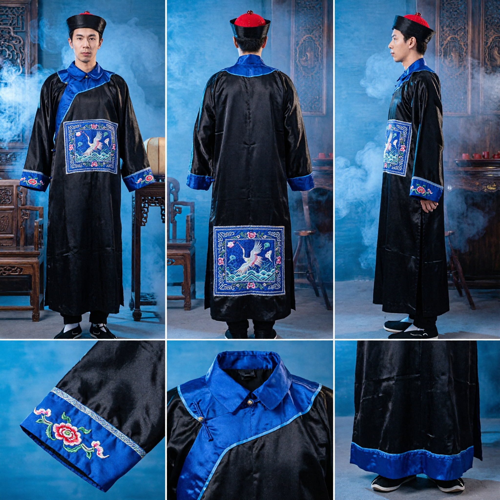 Men's Qing Dynasty Official Costume Black Robe with Crane Embroidery Ancient Chinese Magistrate Clothing for Cosplay