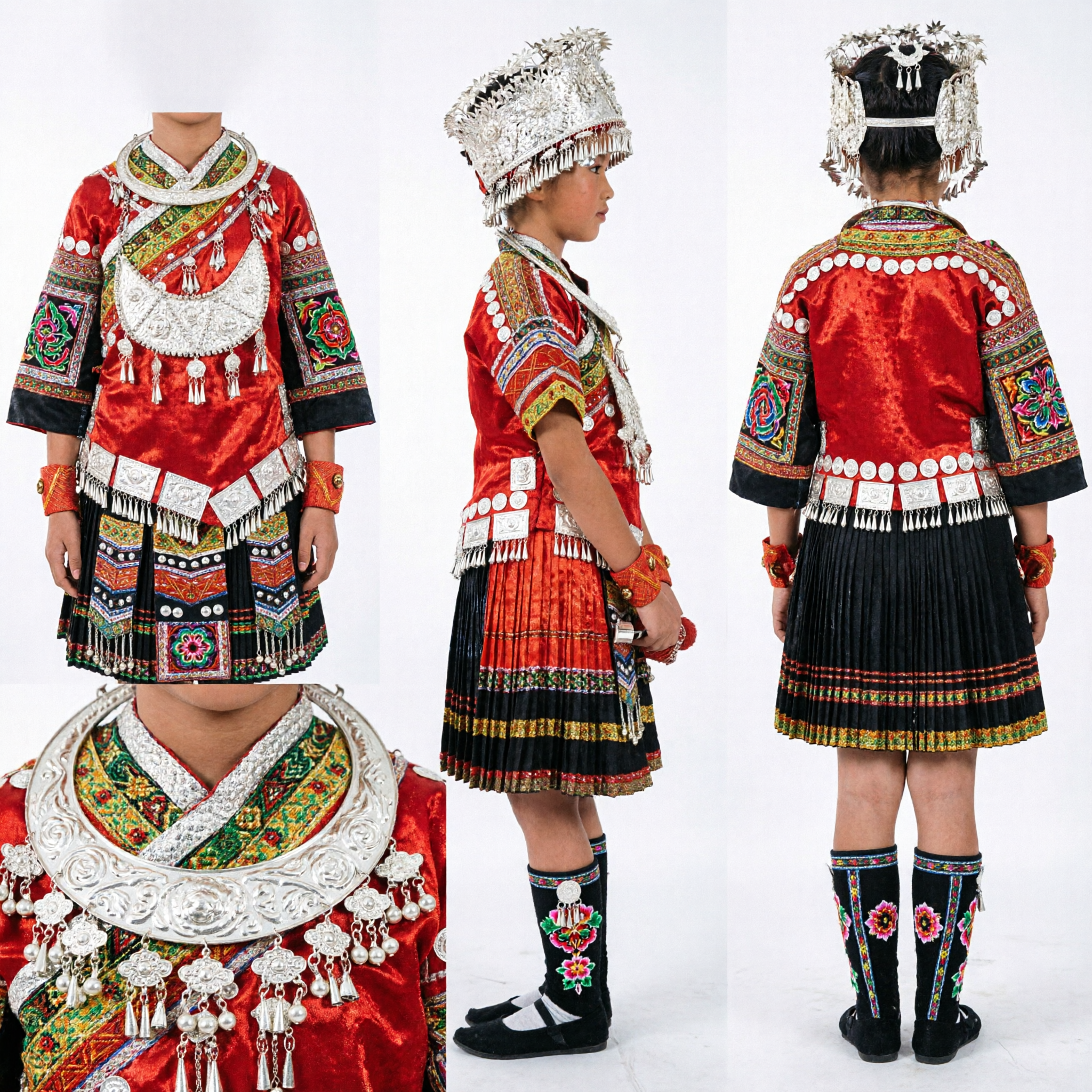 Girls Traditional Miao Ethnic Costume Red Embroidered Dress with Silver Headdress for Festival Stage Performance